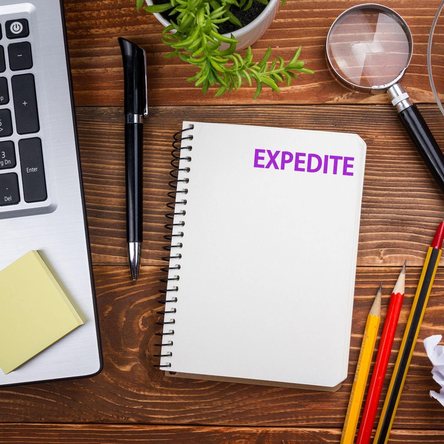 Notebook labeled EXPEDITE on desk with laptop, magnifying glass and penssymbol of fast shipping and urgent project planning.
