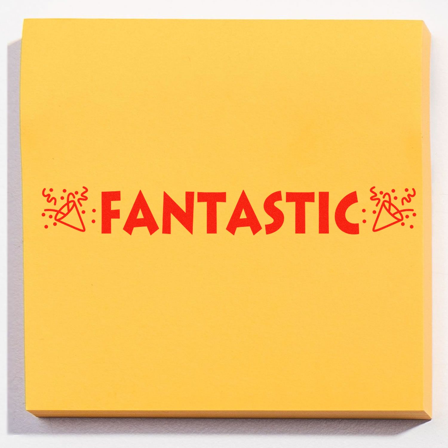 Yellow greeting card with bold red FANTASTIC lettering and decorative celebration icons on a blank background.