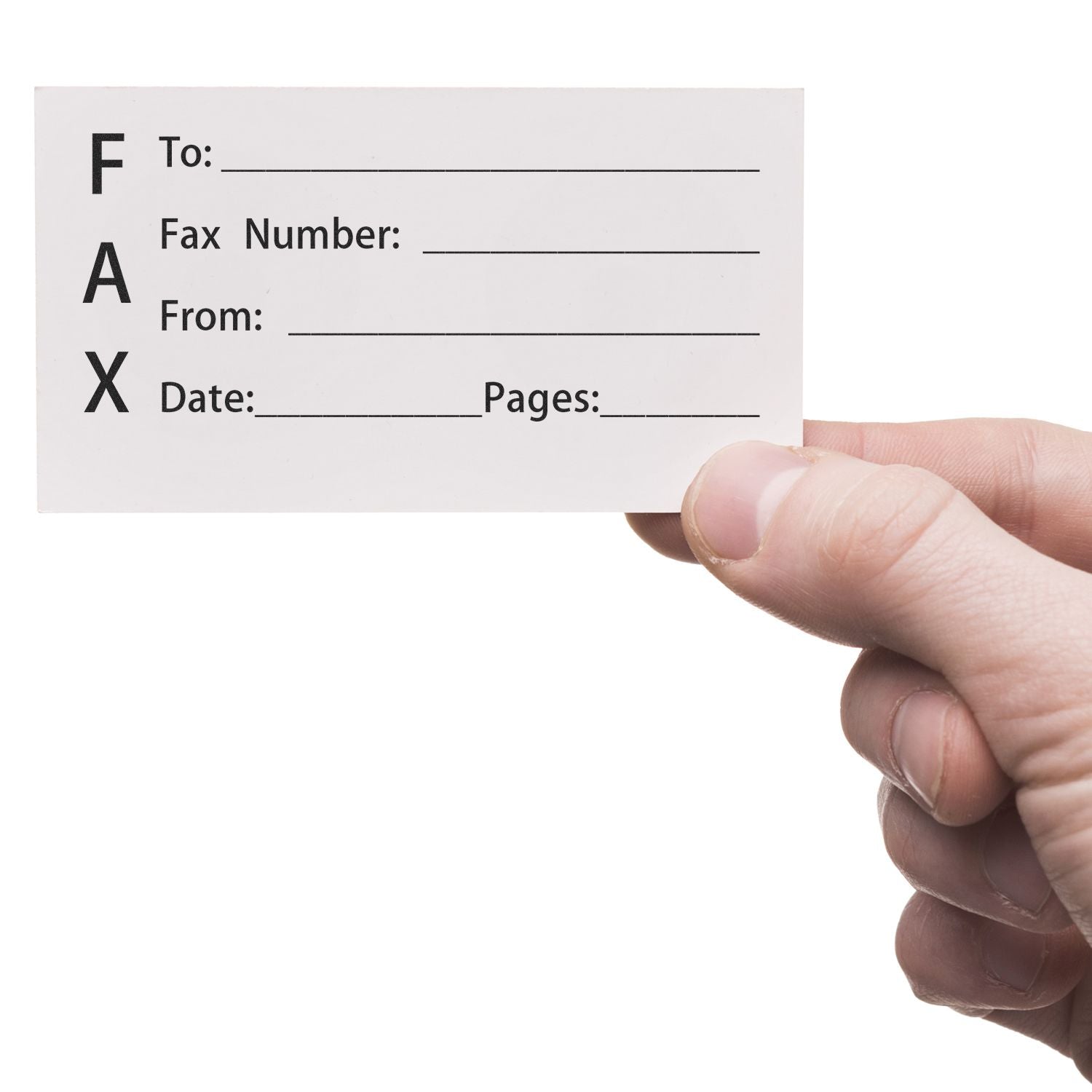 Hand holding blank fax cover sheet with To, Fax Number, From, Date, and Pages fields on white background.