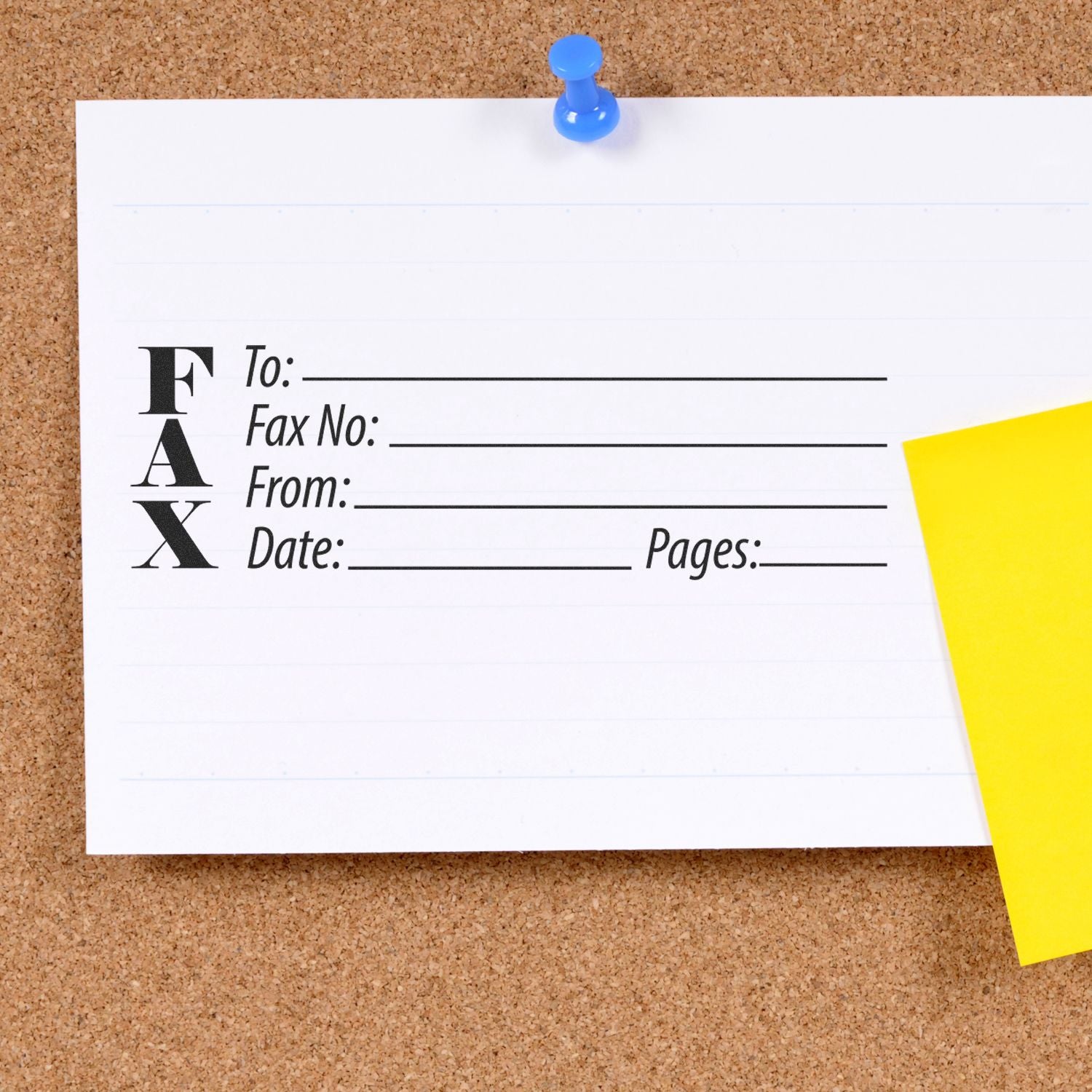 Blank fax cover sheet pinned to corkboard with blue pushpin and yellow sticky note.