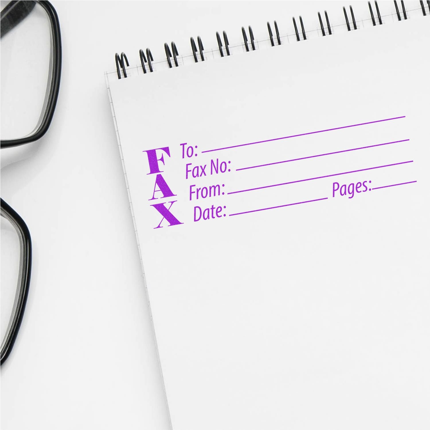 Blank fax cover sheet notepad with glasses on a white desk, office communication and business document concept