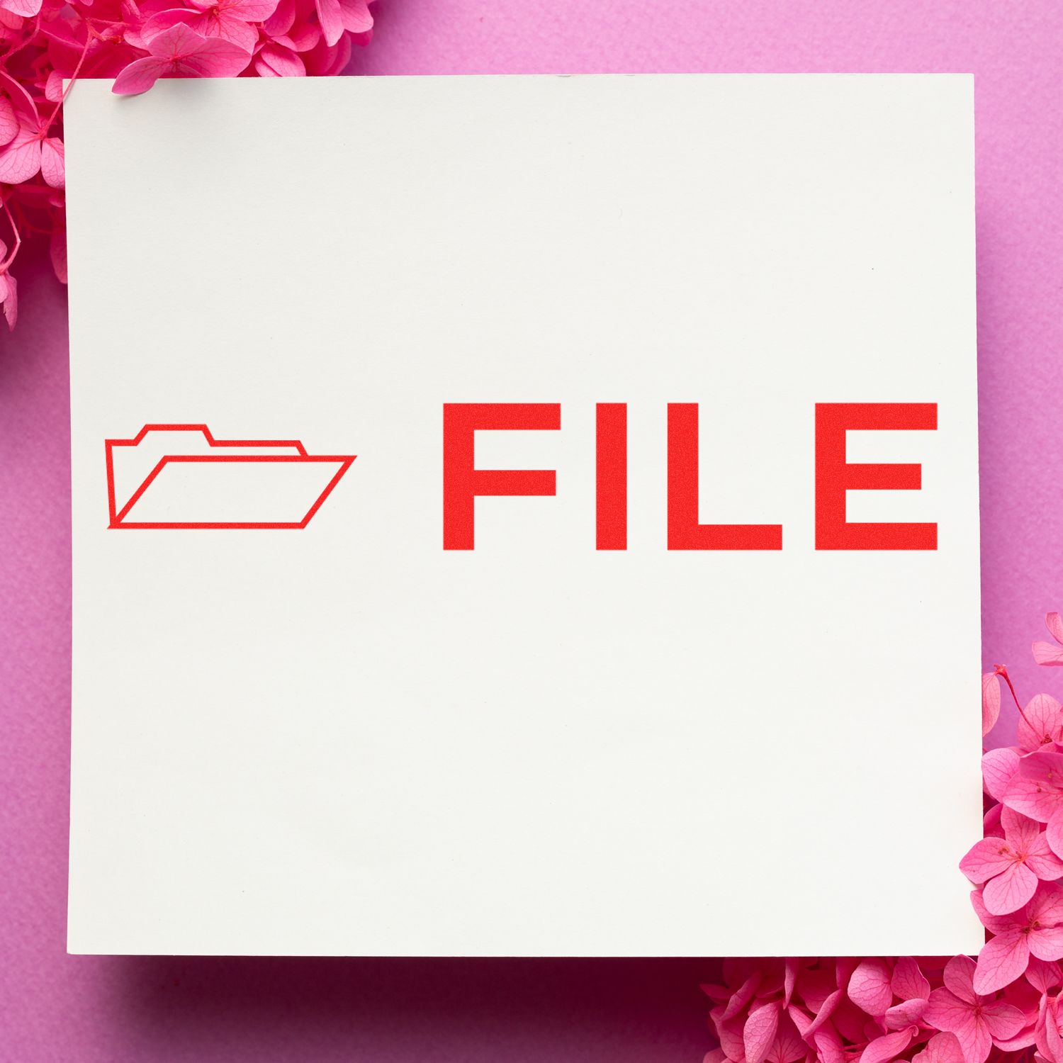 Red file folder icon and FILE text on white paper with pink floral background