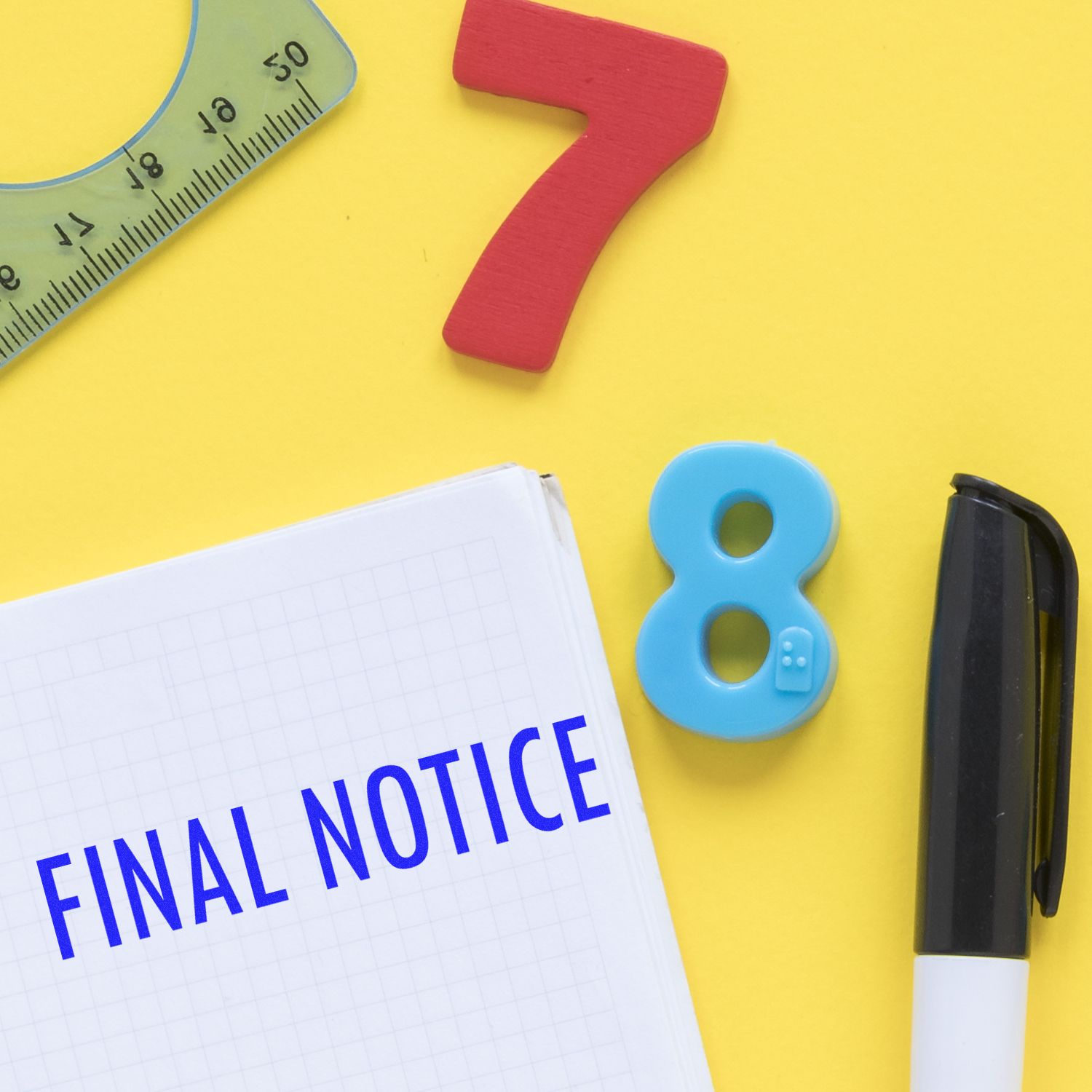 Final notice text with colorful school numbers, ruler, notebook, and marker on yellow background.