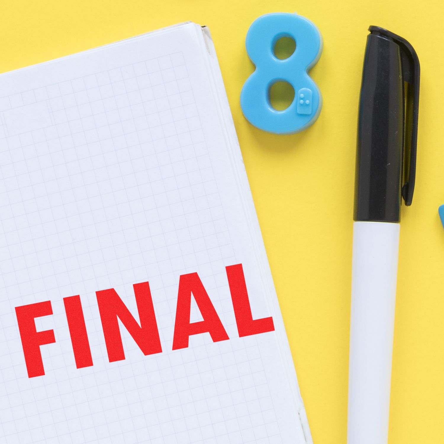 FINAL notebook with pen and blue marker on yellow background, representing study notes, planning, and final review for school assignments.