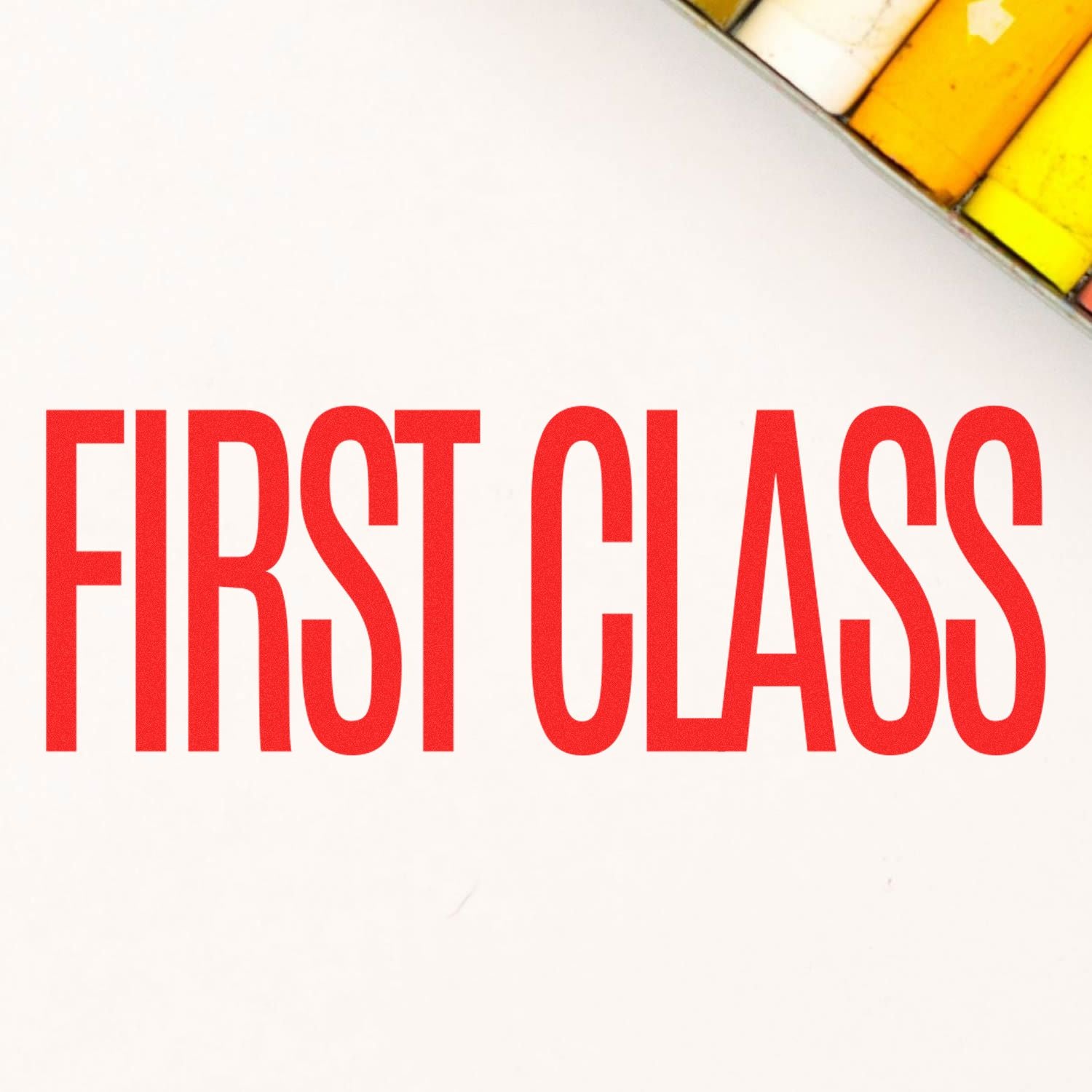 First Class typography on cream background, bold red letters for airline travel branding and premium service promotion.