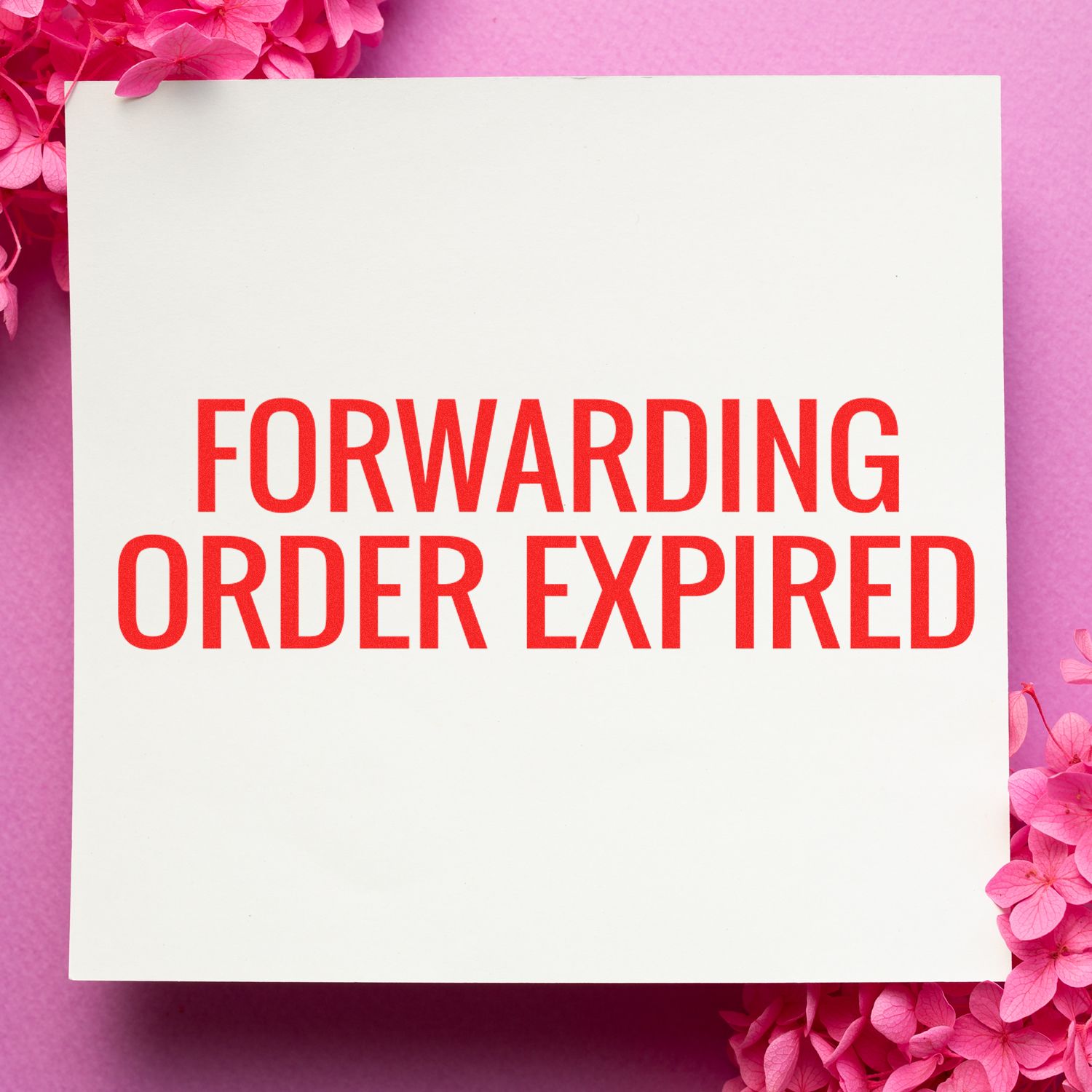 Forwarding order expired notice on white paper with red Forwarding Order Expired text, pink floral background for shipping alert