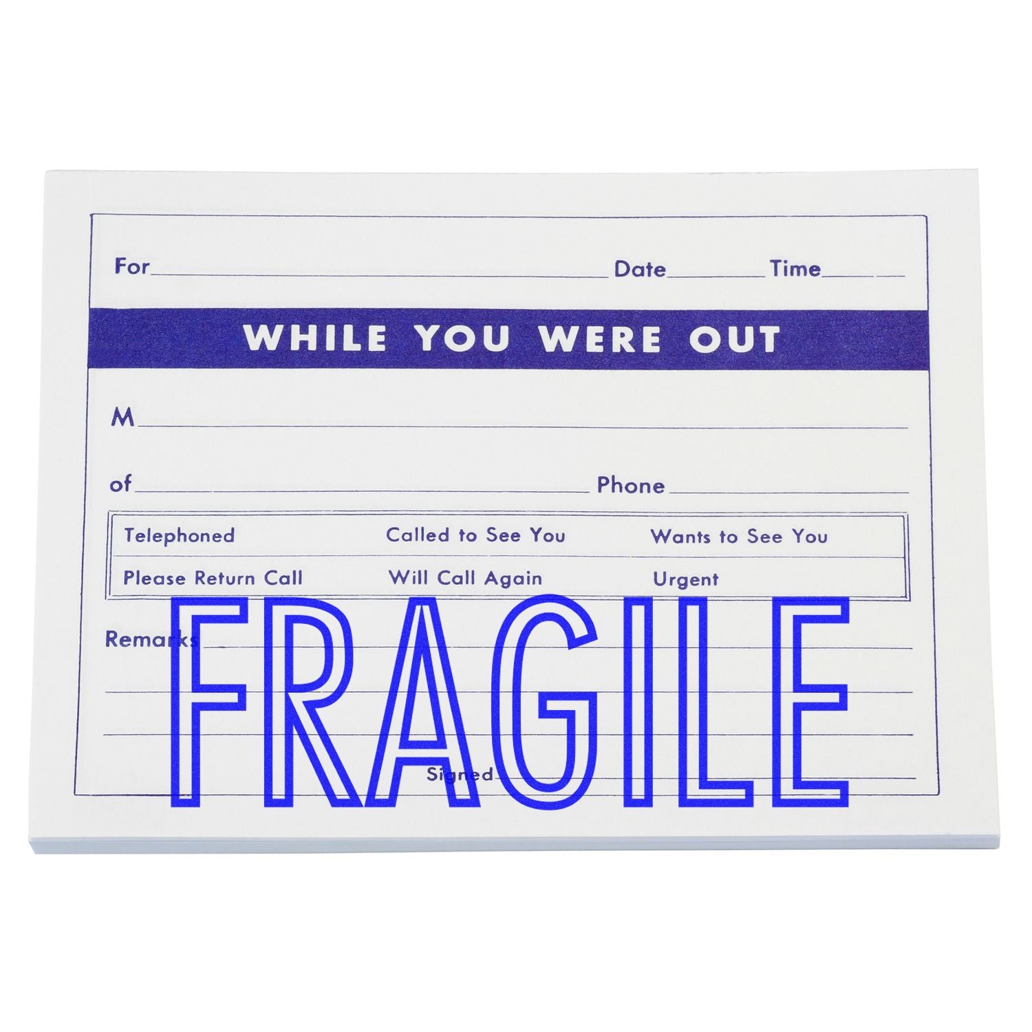 Telephone message note pad marked While You Were Out, with options to record calls, phone number, date, and time for home or office call-backs.