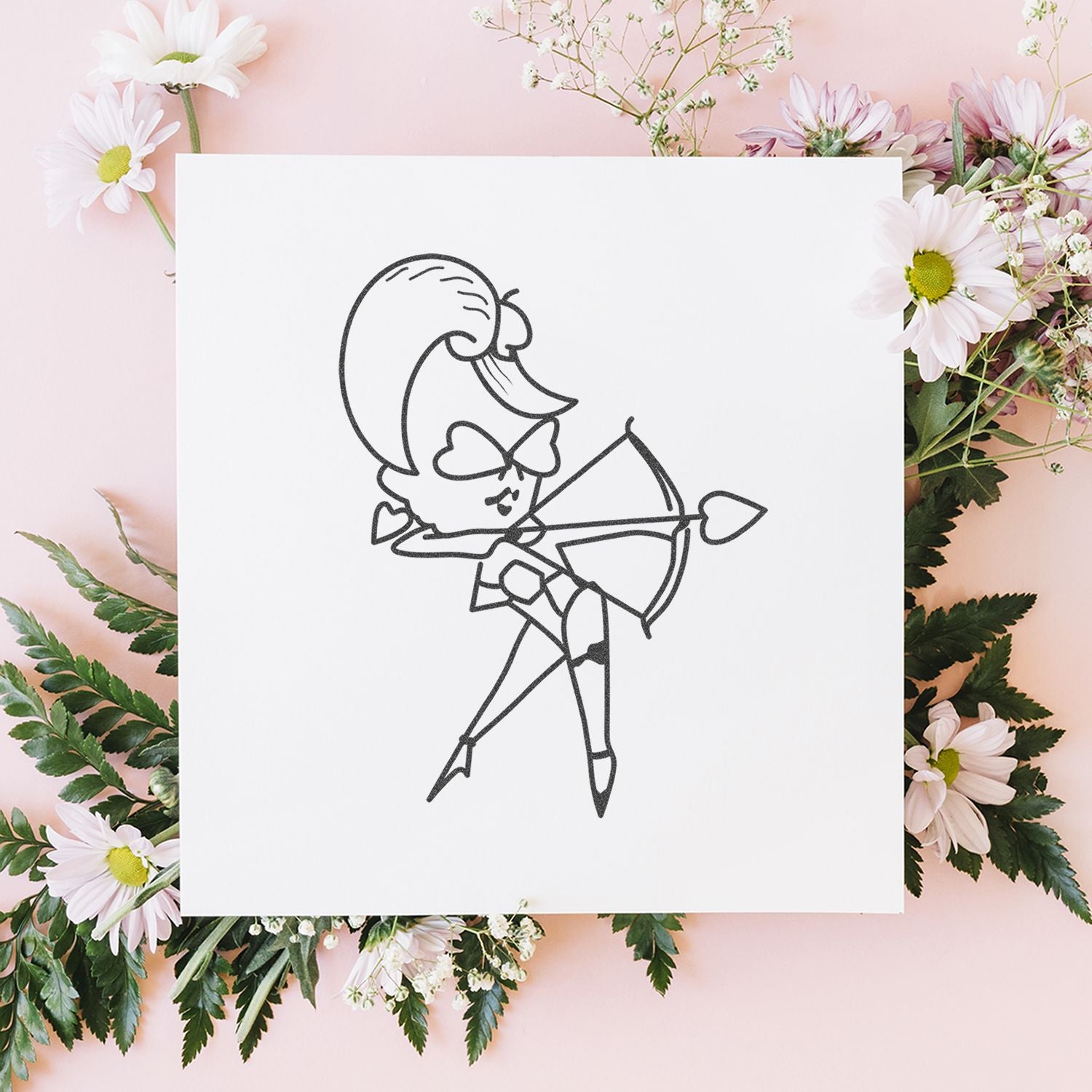 Cute cupid line art greeting card with pastel flowers on a pink background, romantic floral Valentines Day design.
