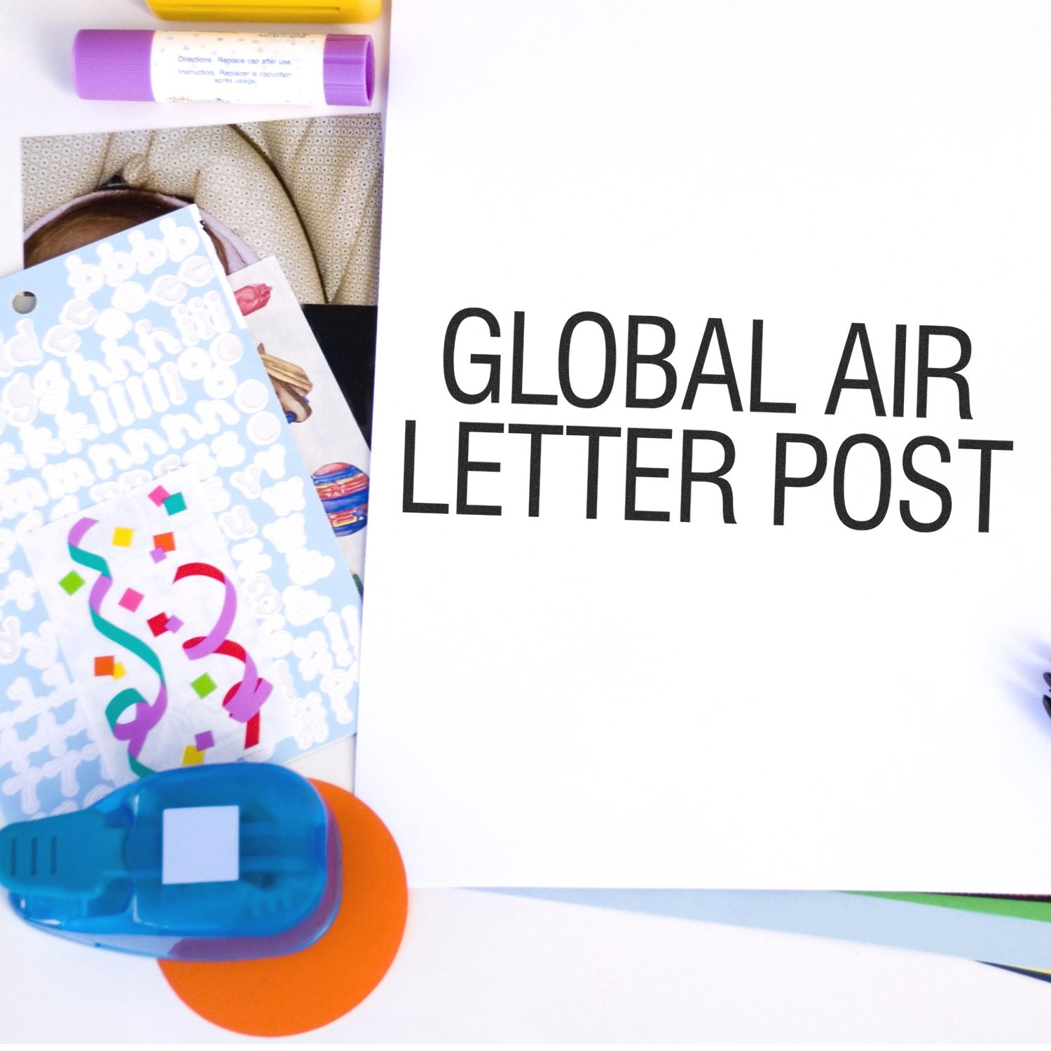 Global Air Letter Post promotional graphic showing mail stationery, envelopes and stampsideal for international letter shipping services.