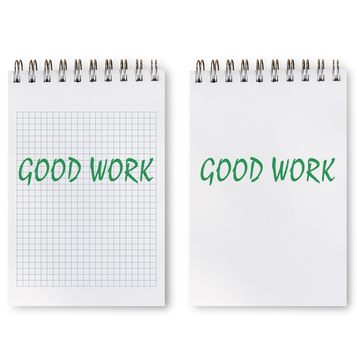 Spiral-bound grid notebook labeled Good Work in green, motivational journal for tracking tasks and productivity