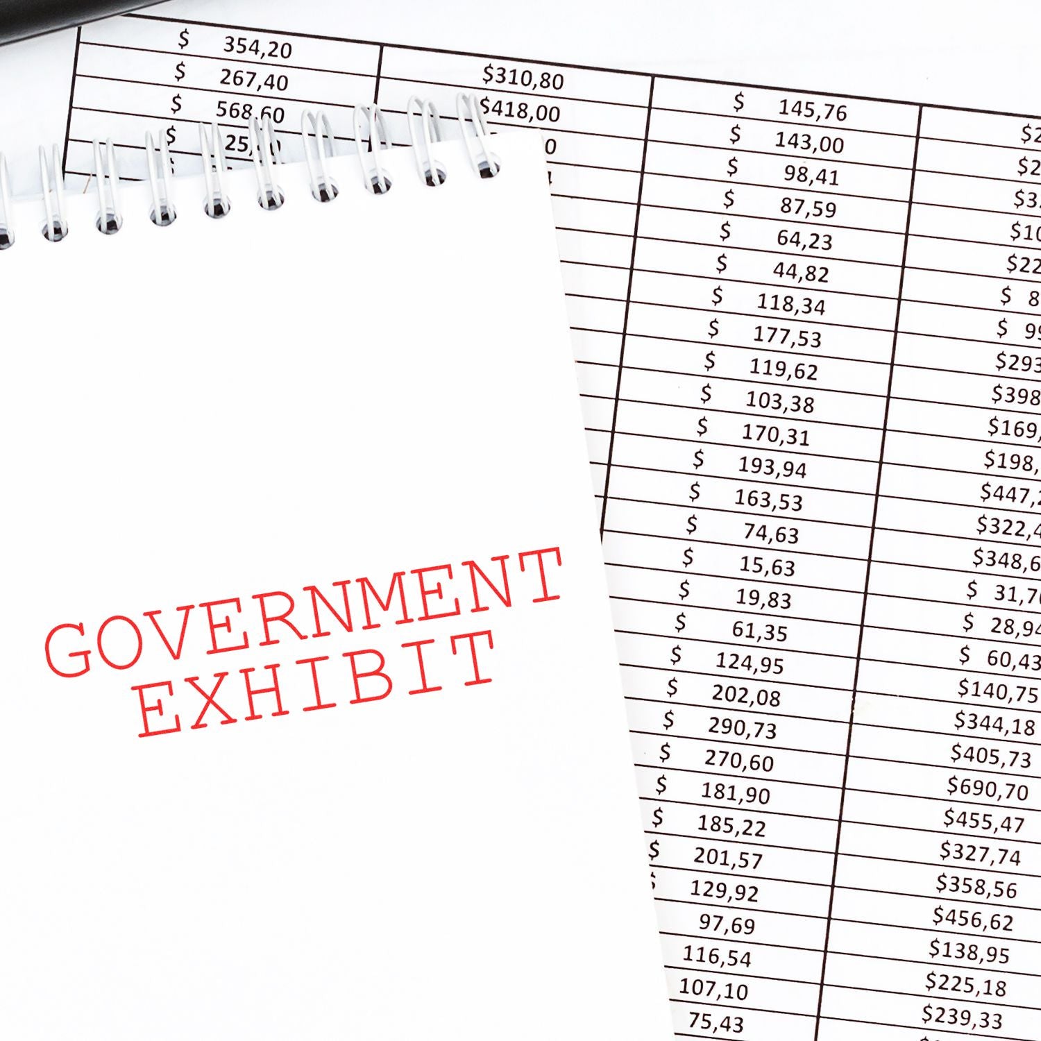 Government exhibit notebook over financial spreadsheet, legal evidence document with numbers and accounting records.