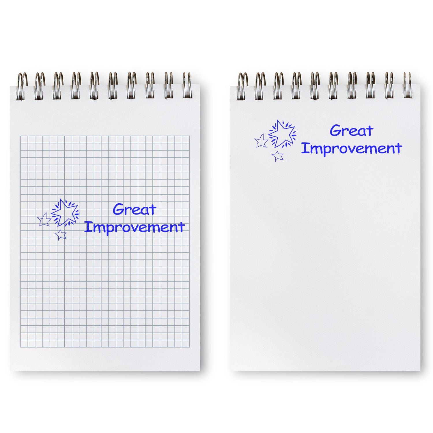 Two spiral notepads showing Great Improvement in blue, one with graph paper and one blank, on a white background.