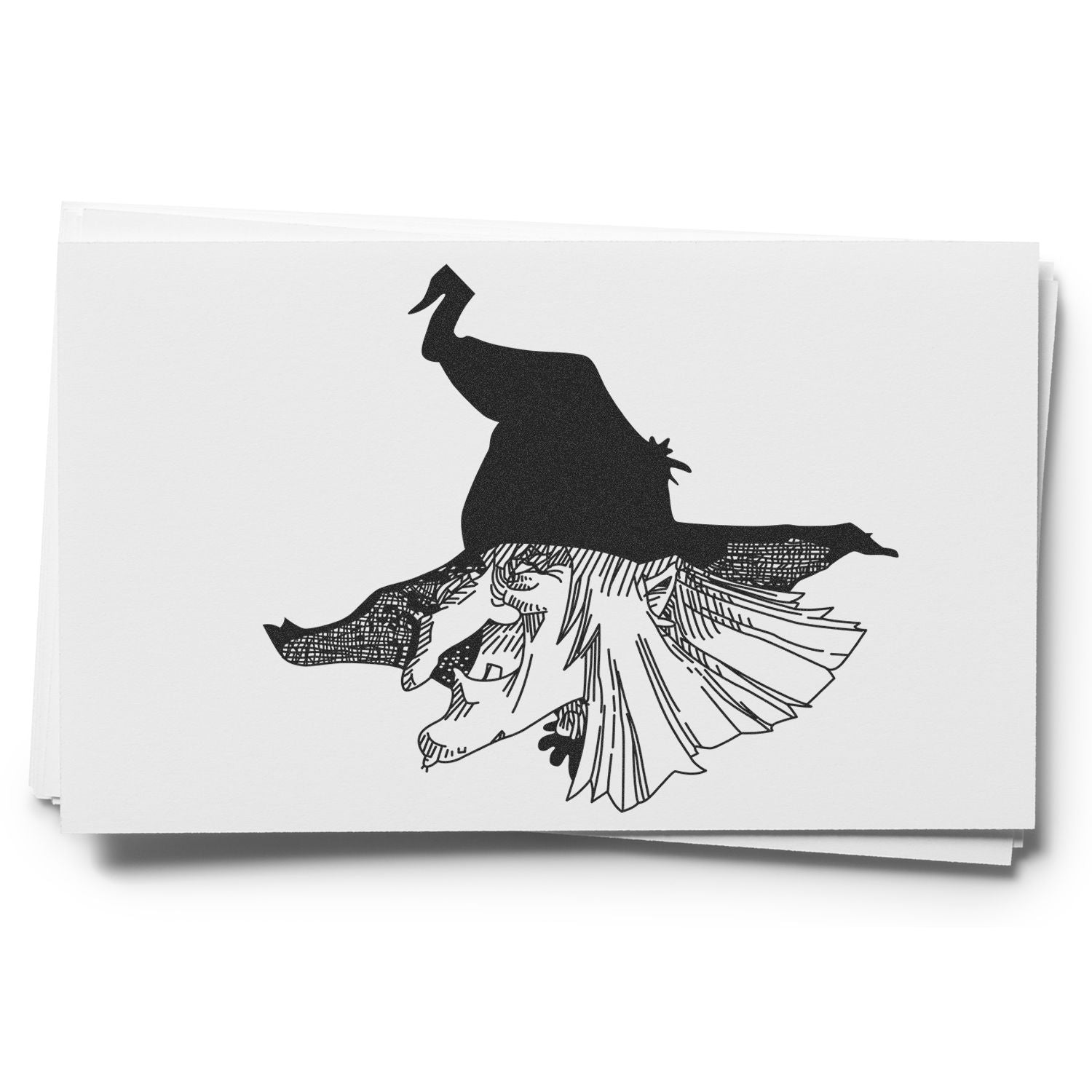 Stack of white greeting cards with a black witch silhouette illustration, perfect for Halloween card design.