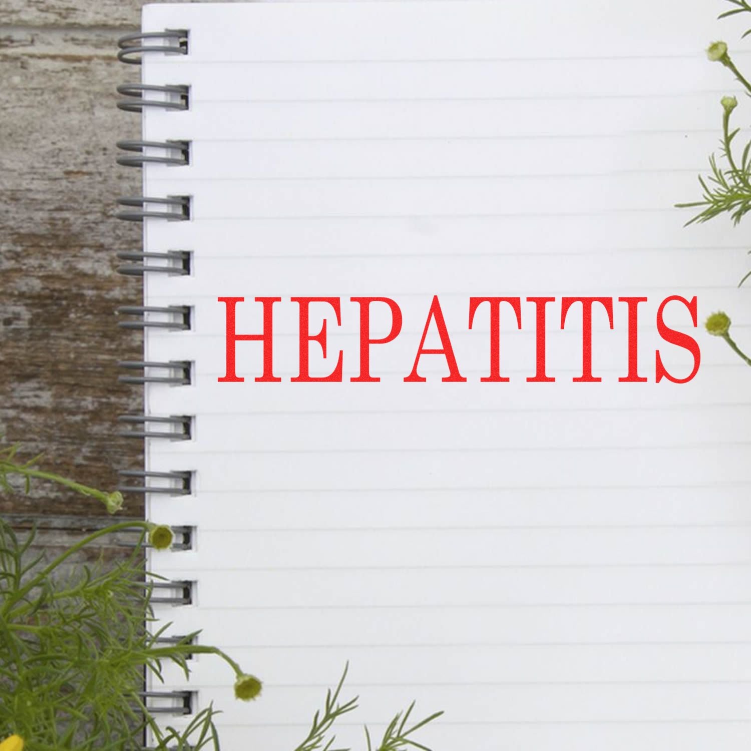 Hepatitis awareness text on a blank notebook page with green plant leaves.