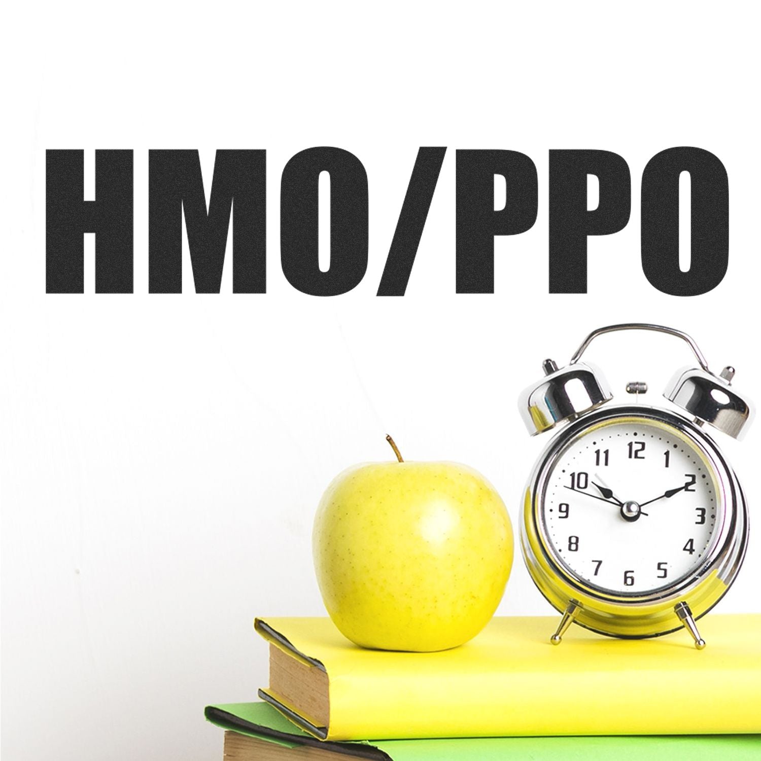 Alarm clock beside an apple on books, illustrating time management and healthy living for daily routines.