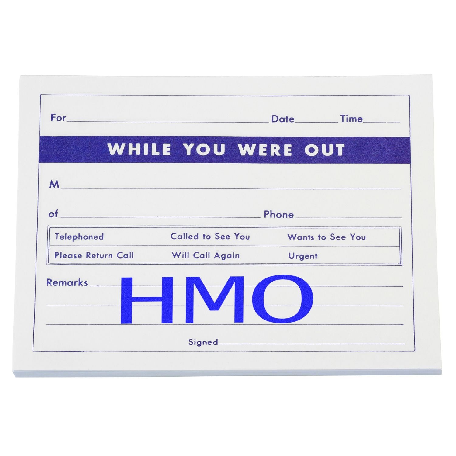 While You Were Out message pad with HMO logo, phone call memo notepad template