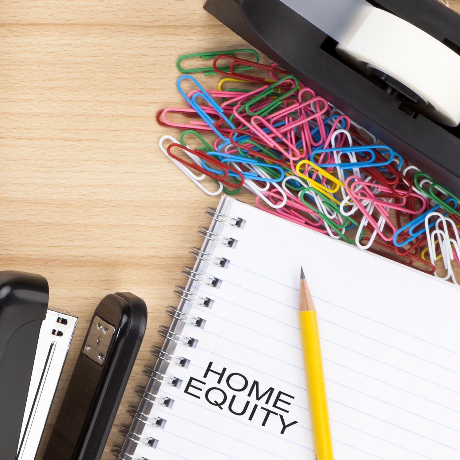 Home equity concept with colorful paper clips on a notebook beside office stationery and pencils.