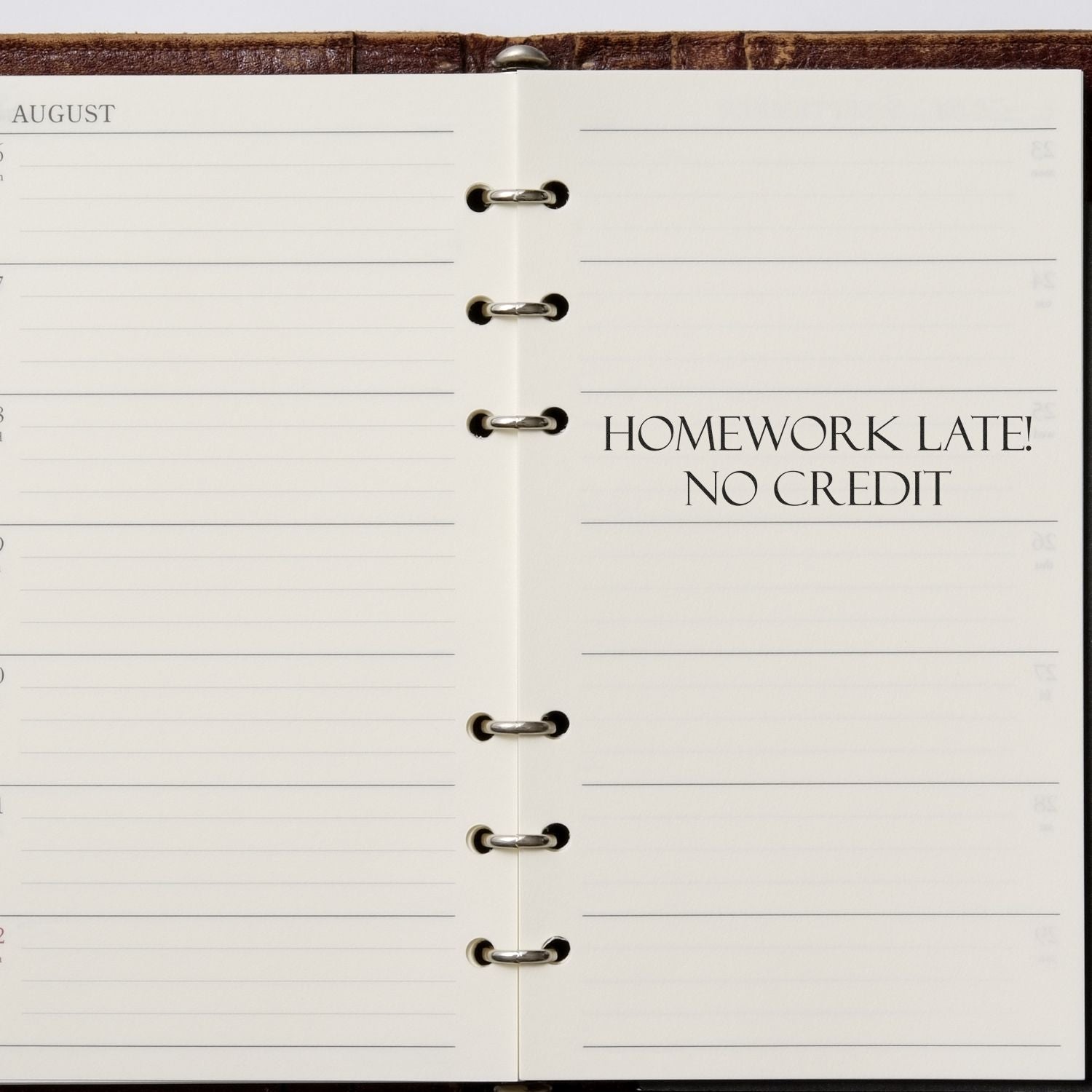 Open August planner pages with Homework Late! No Credit reminder on a ring-bound academic agenda.