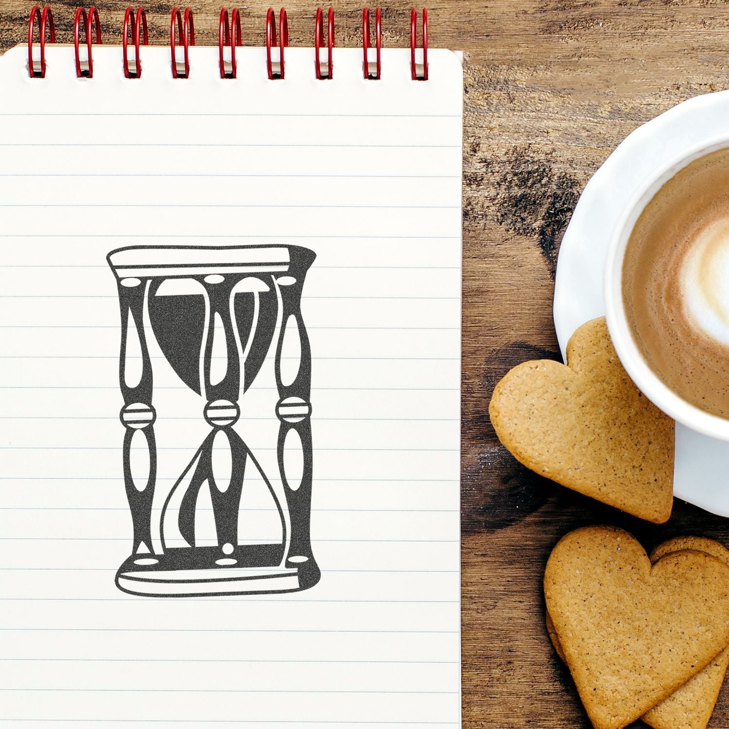 Spiral notebook with hourglass illustration beside coffee and heart-shaped cookies on a rustic wooden table.