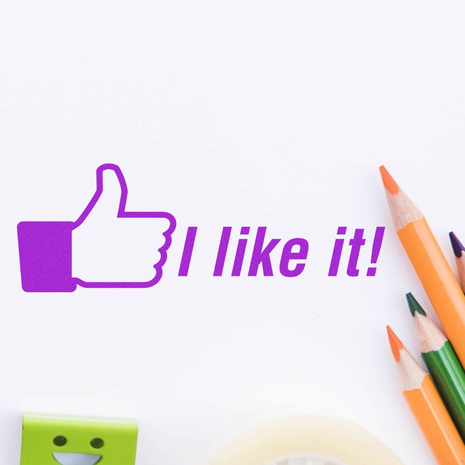 Purple thumbs-up I like it! social media icon with colored pencils on white background
