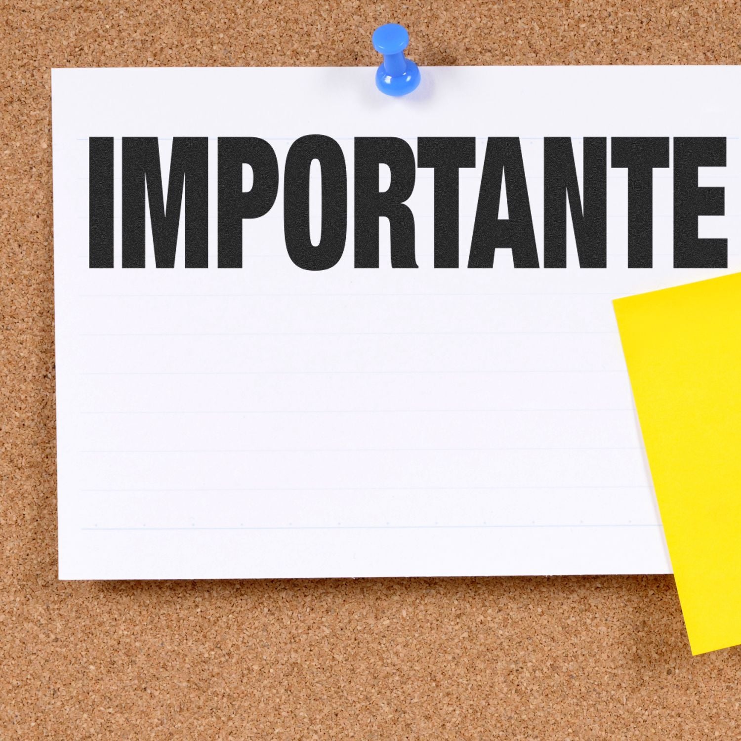 IMPORTANT notice pinned to a corkboard with a blue pushpin and yellow sticky note, office reminder concept.