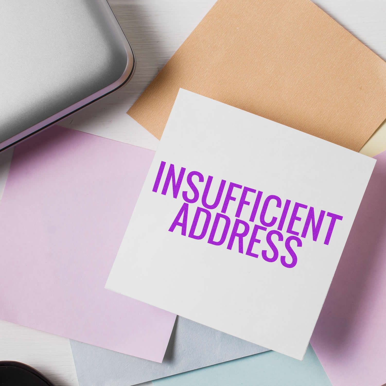 Sticky notes with INSUFFICIENT ADDRESS in purple, highlighting mail delivery failure and the need for address verification.