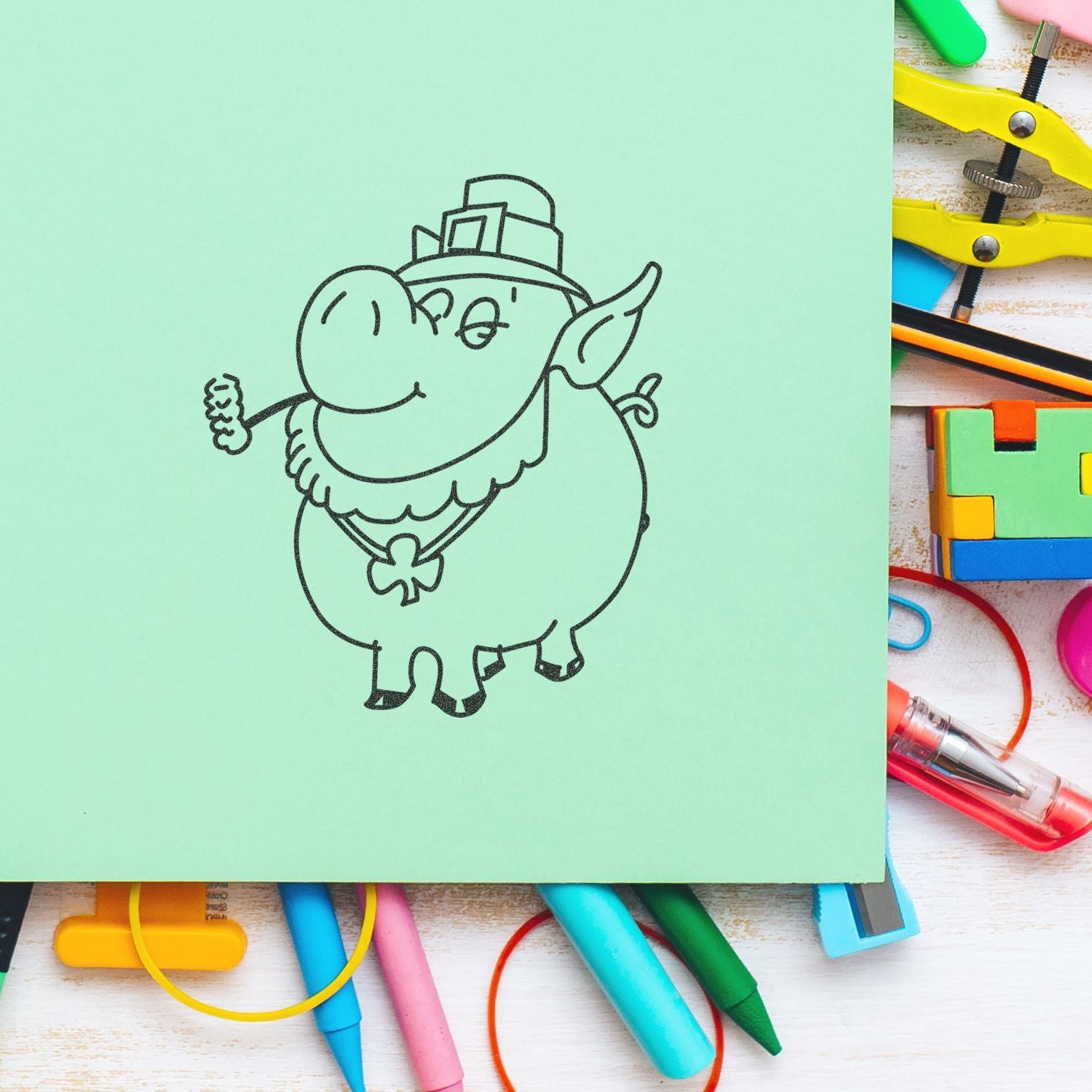 Cute leprechaun drawing on mint green paper surrounded by colorful school supplies and craft tools.