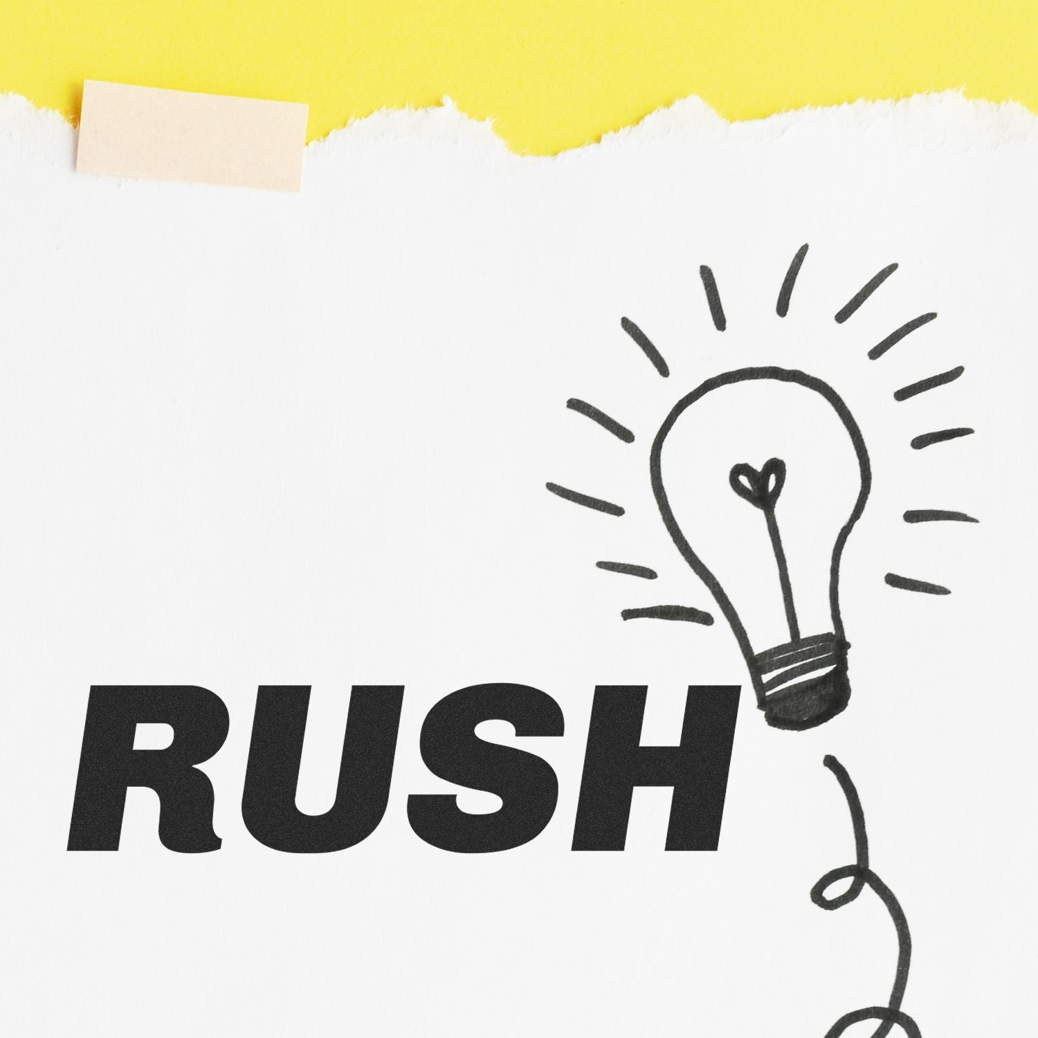 RUSH motivational graphic with a lightbulb icon showing creative ideas and inspiration for innovation branding against yellow background.