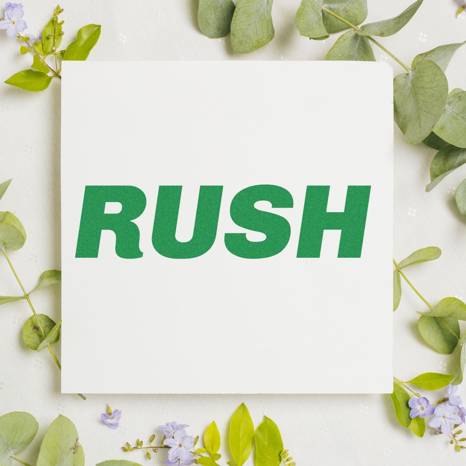 Green RUSH title on a blank note card with fresh green leaves and flowers background for eco-friendly branding design