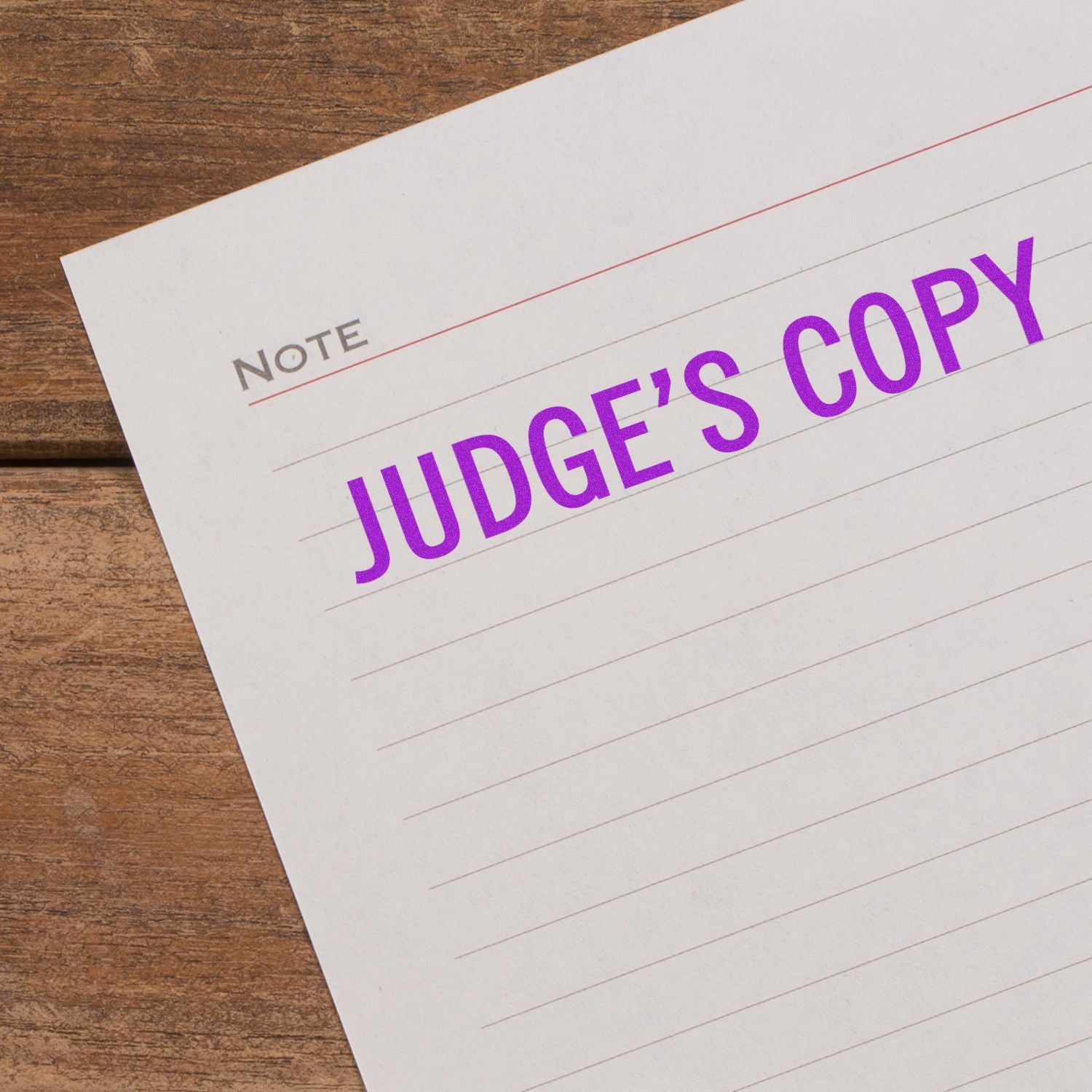 Court document label reading Judges Copy on a notepad, showing official legal paperwork for judicial review.