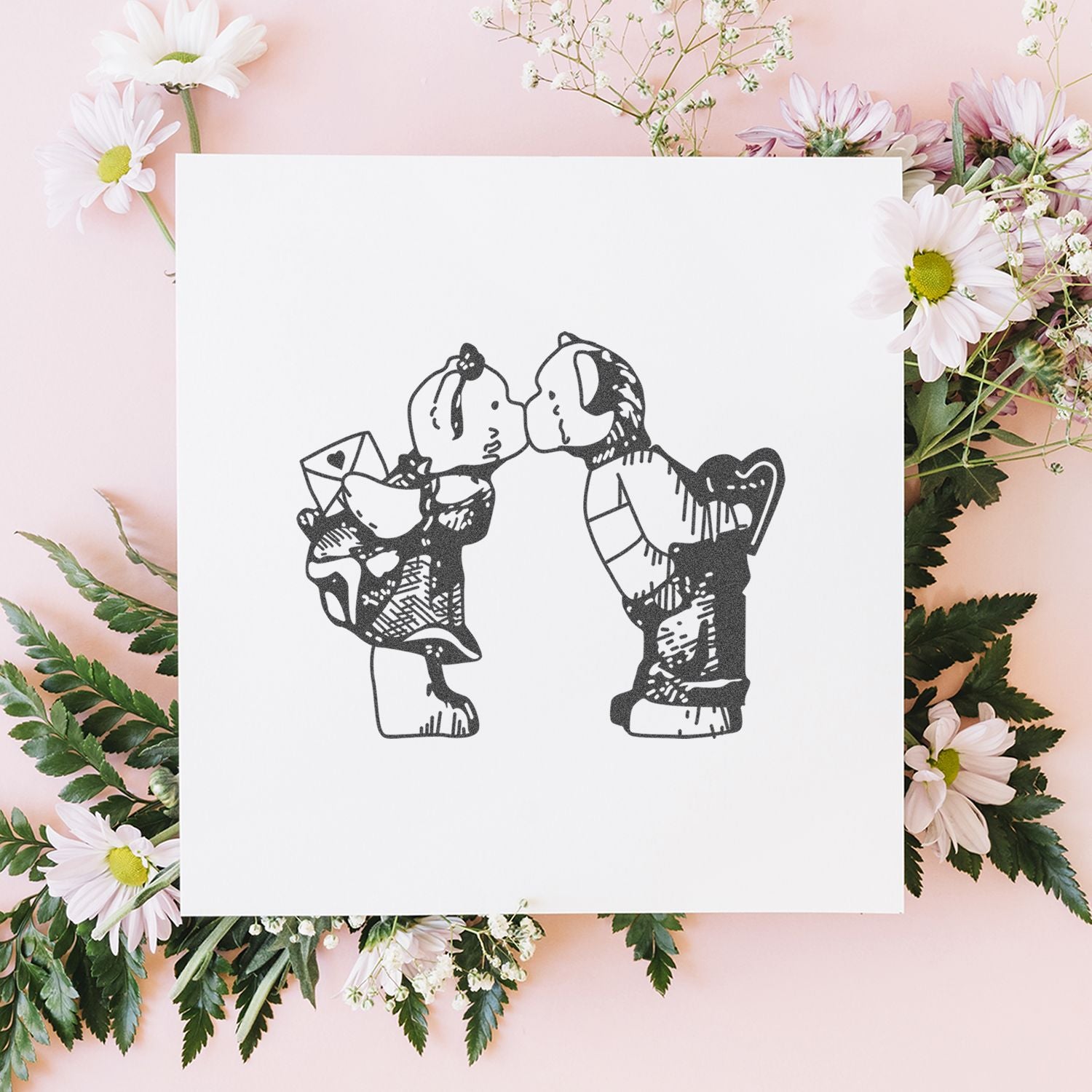Romantic line art of two cute characters kissing, surrounded by pastel flowers on a pink background.