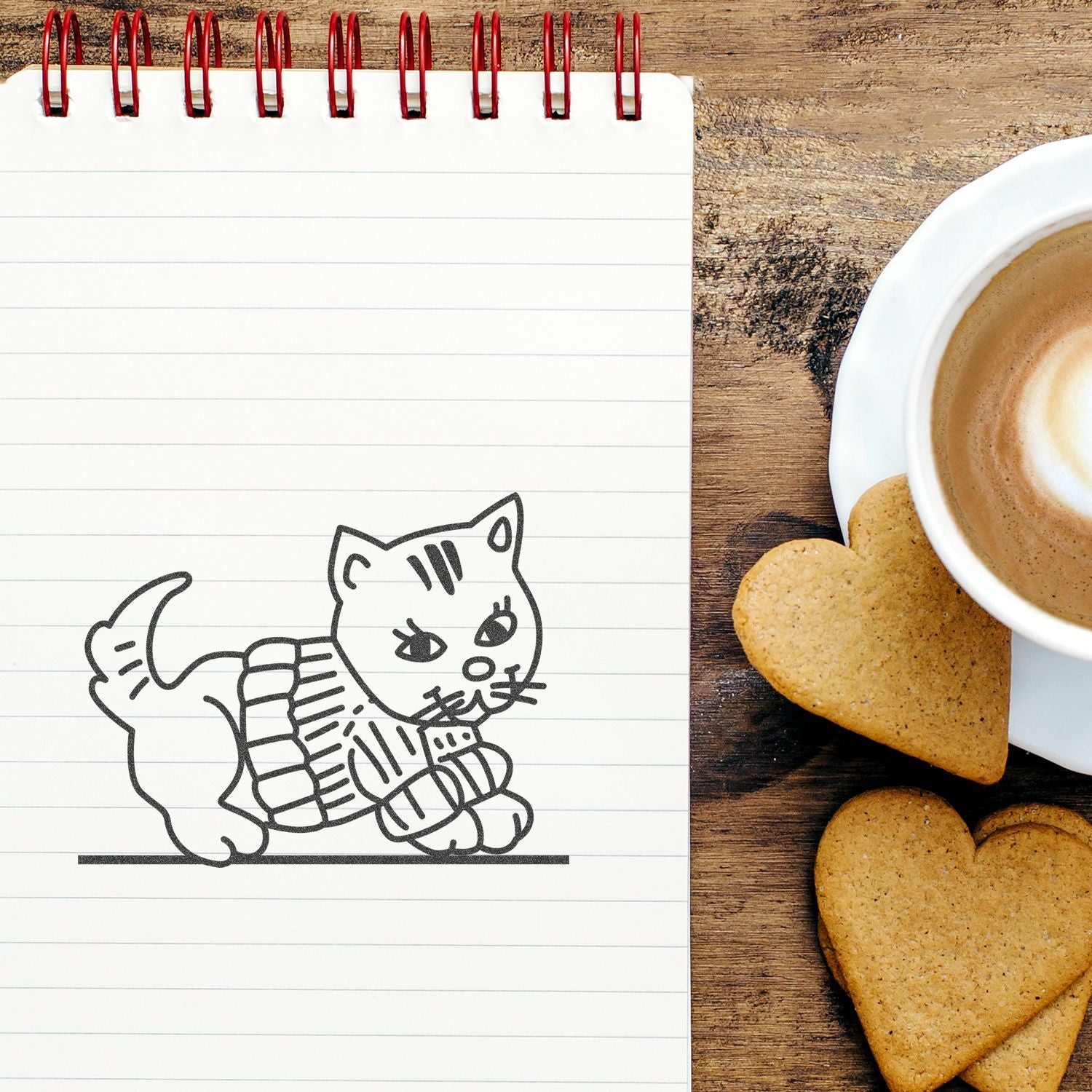 Notebook with cute cat sketch beside a cup of coffee and heart-shaped cookies on a rustic wooden table.