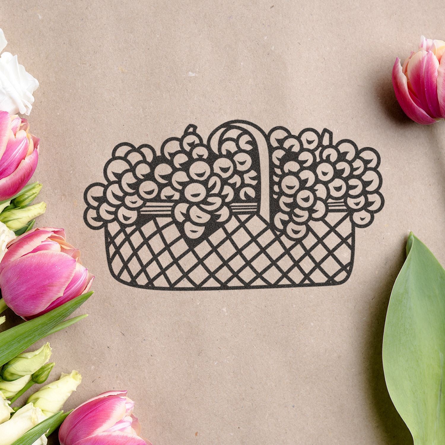 Decorative floral basket illustration on kraft paper, surrounded by pink tulips and green leaves, elegant flower arrangement design