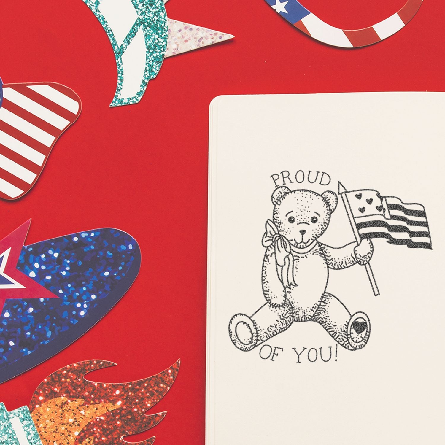 Patriotic teddy bear coloring page with American flag and red background decorative stars and shapes