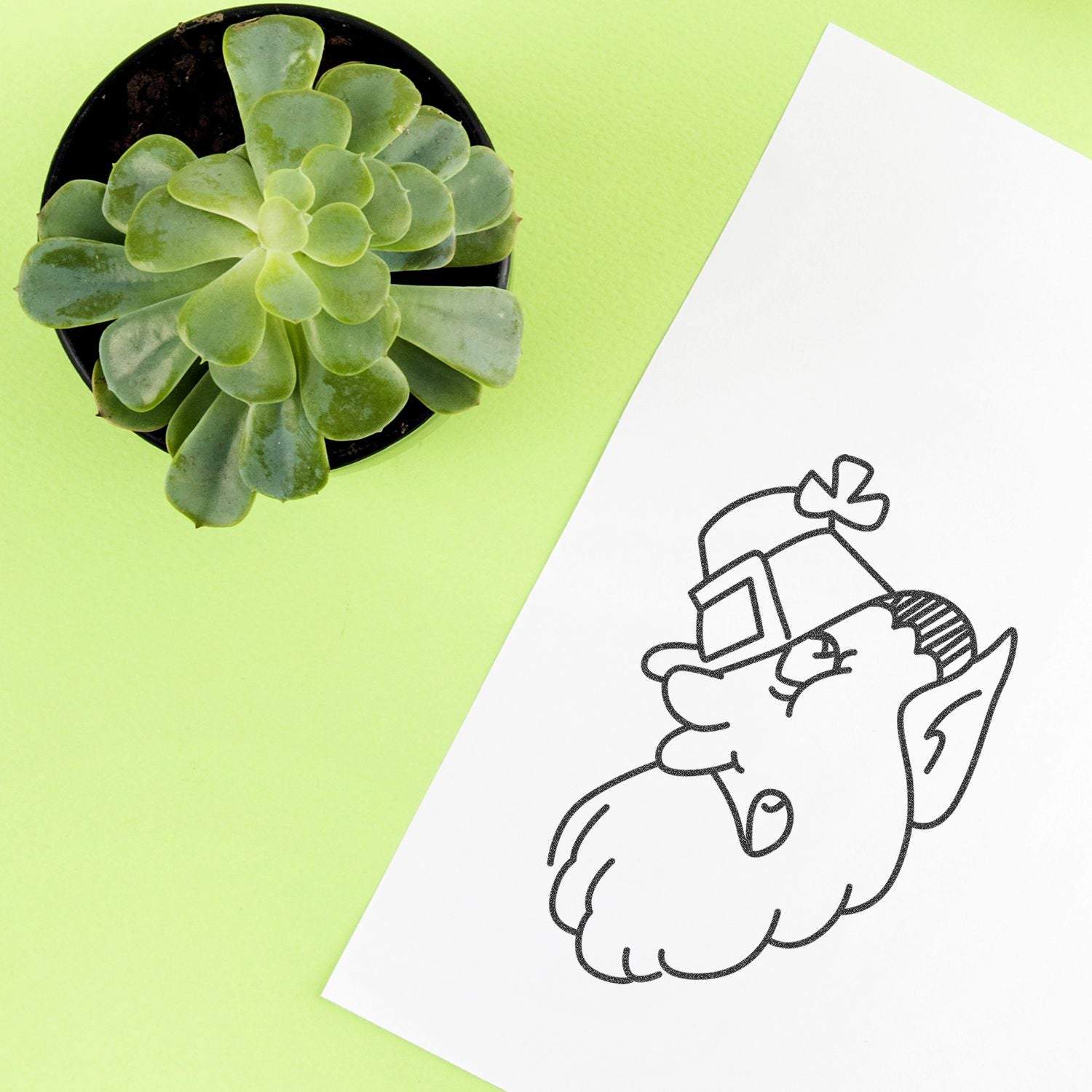 Green succulent in a black pot beside a Santa Claus line drawing on white paper over a bright lime background.