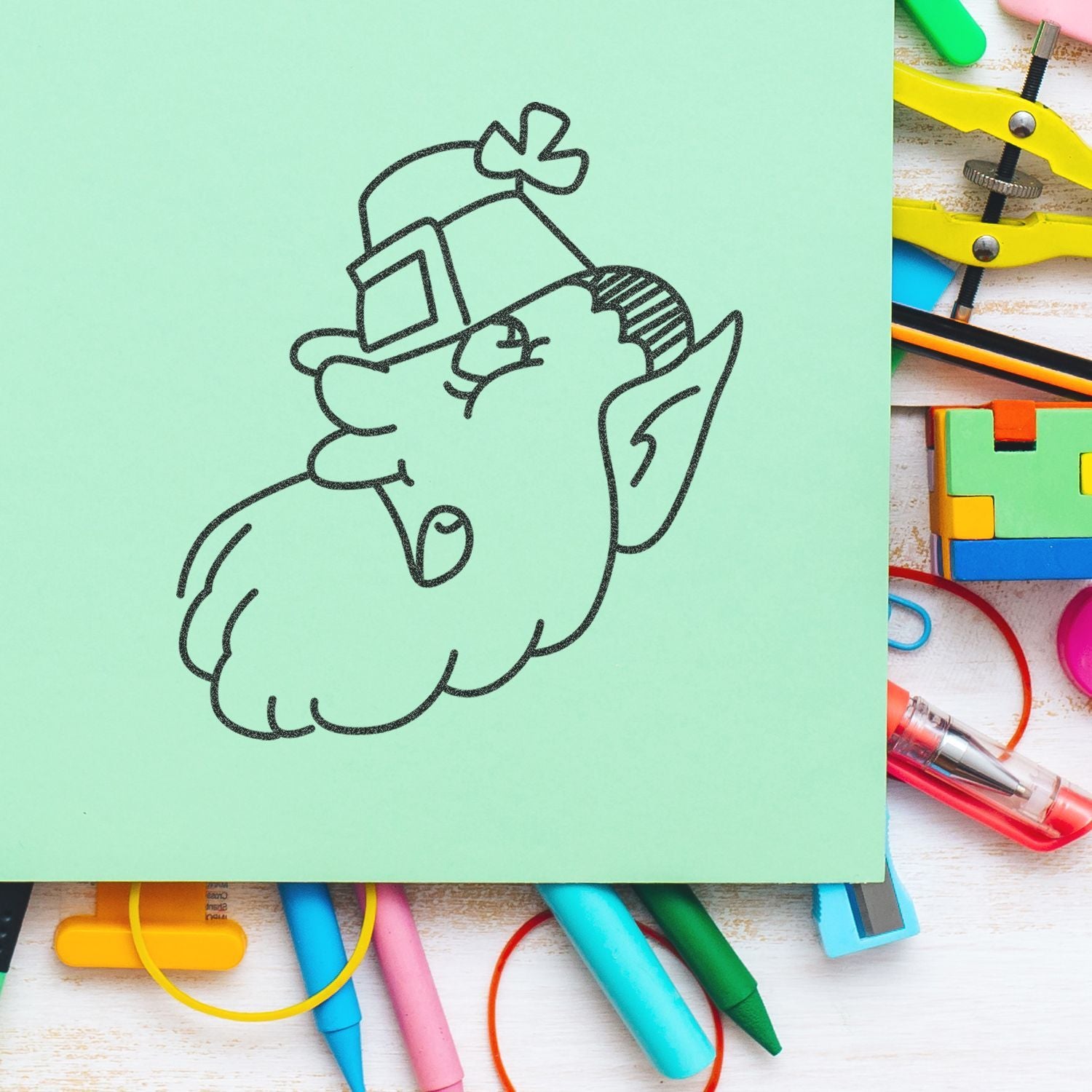 Hand-drawn Santa gnome doodle on mint paper with colorful school supplies background