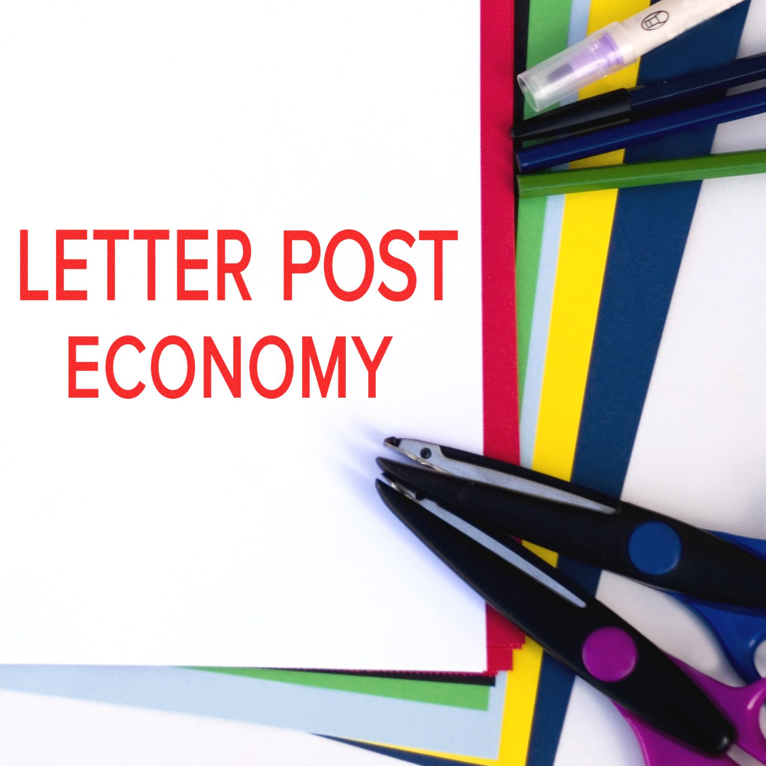 Letter Post Economy mailing concept with colorful stationery, scissors, and shipping supplies for affordable postal delivery