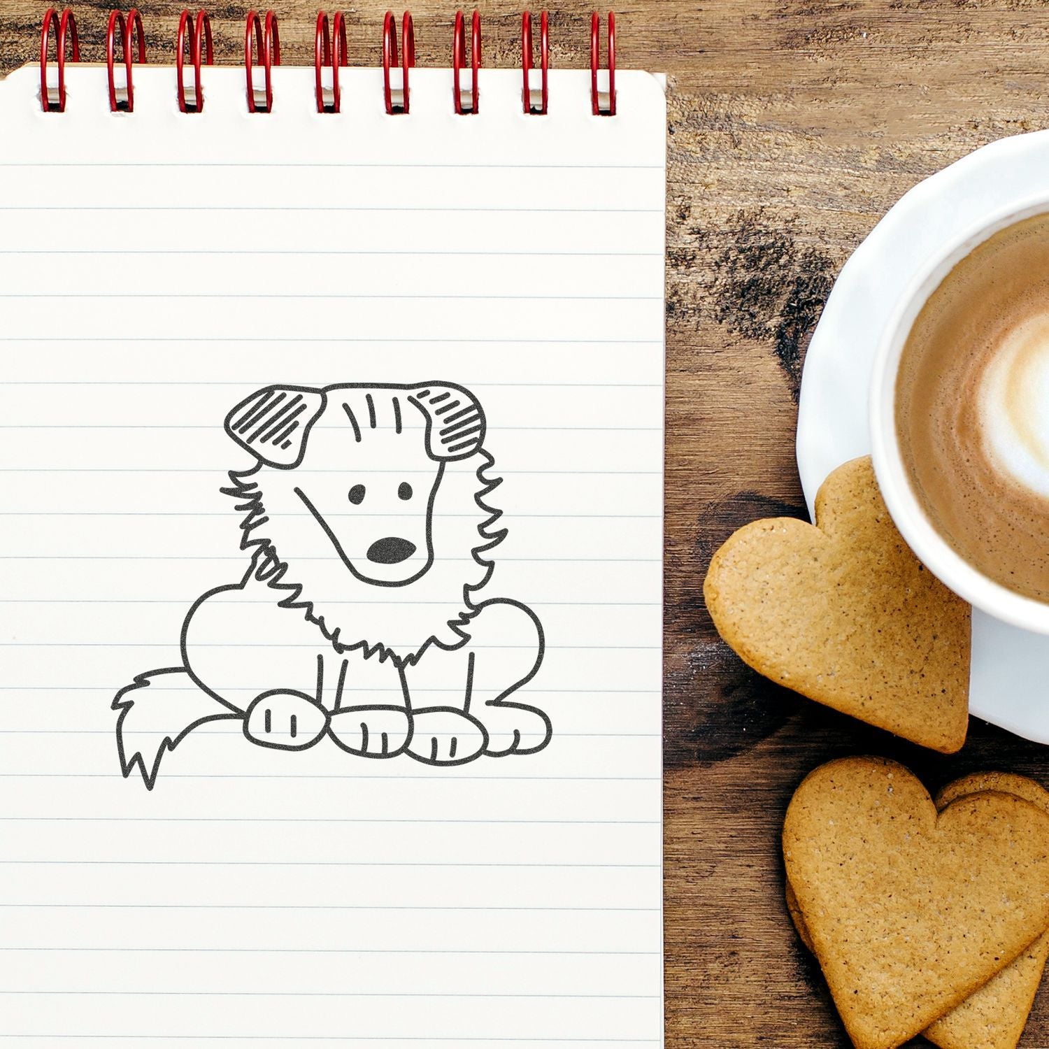 Notebook with cute dog doodle beside a cup of coffee and heart-shaped cookies on a rustic wooden table