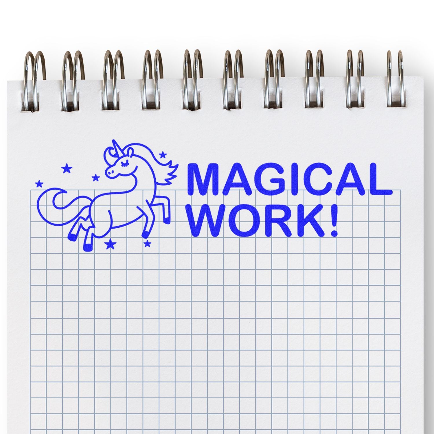 Magical Work notebook cover with blue unicorn doodle and text, featuring top metal rings for planning and productivity.