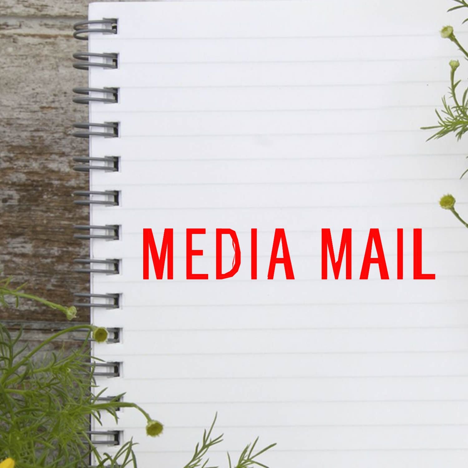Media Mail label on white railing wall, indicating USPS Media Mail shipping service for CDs, DVDs, and books