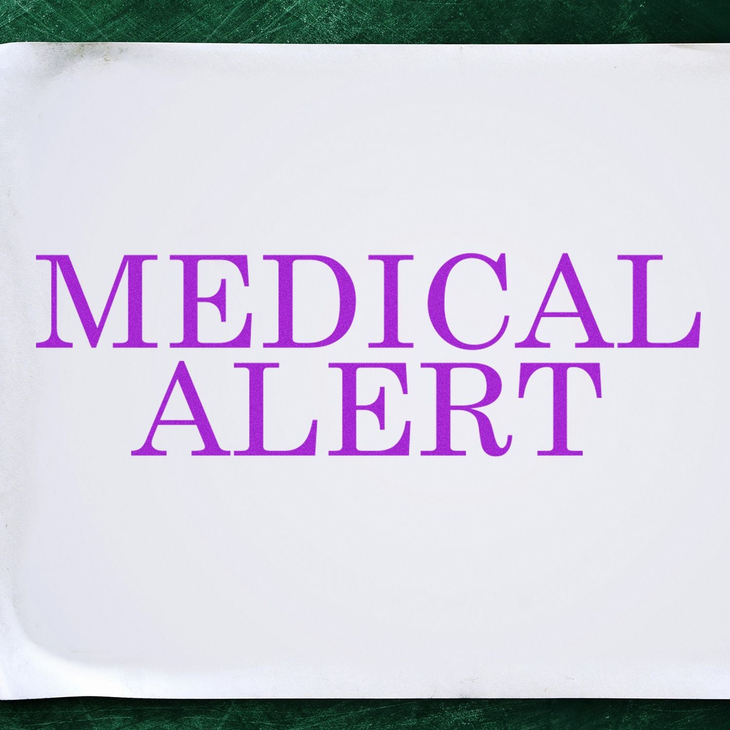 Medical alert text in purple letters on white paper, highlighting important health warning and emergency contact information.