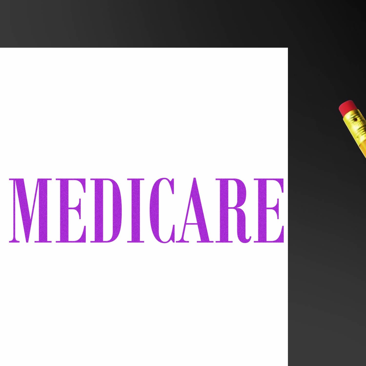 Medicare healthcare banner with bold purple Medicare text and medical capsule icon for insurance information