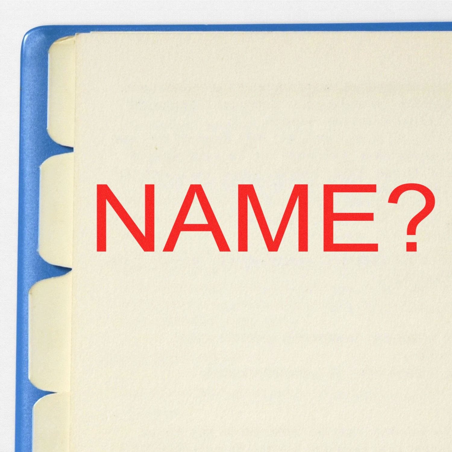 Blue binder notebook cover with red text NAME?entry prompt for names in forms or school assignments.
