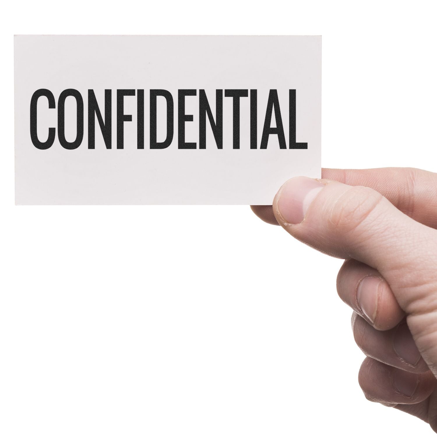Hand holding a confidential card, isolated on white background, privacy and document security concept.