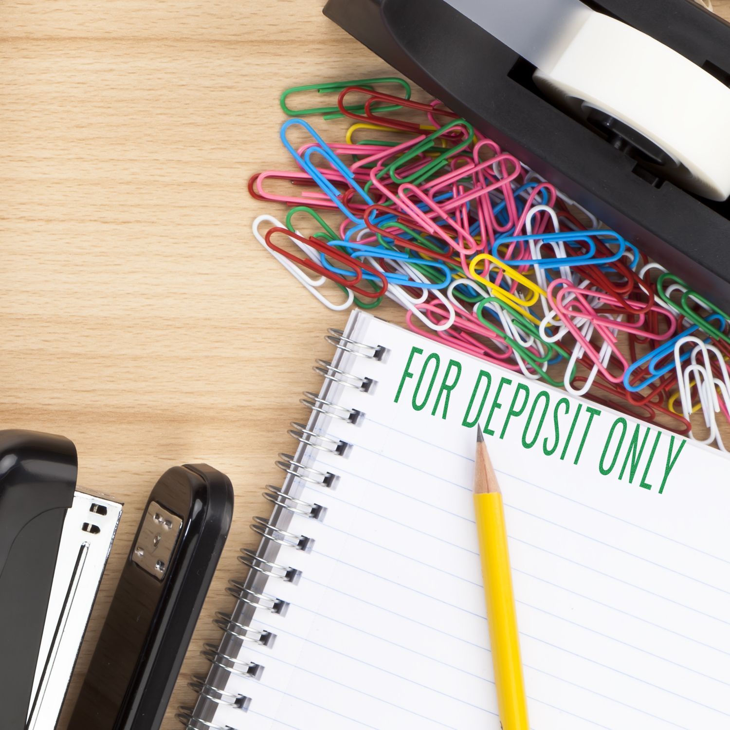 Office desk with paper clips, staplers, pencil, and notepad labeled For Deposit Only on a wooden background.