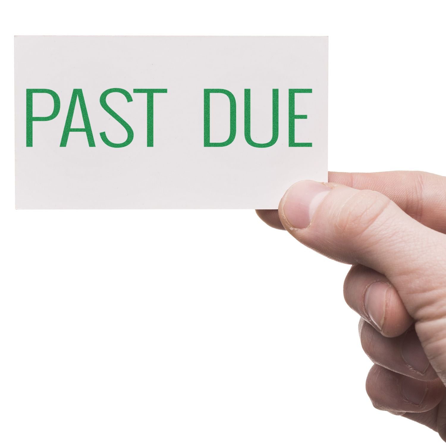 Hand holding a Past Due notice card, indicating an overdue invoice or late payment reminder.