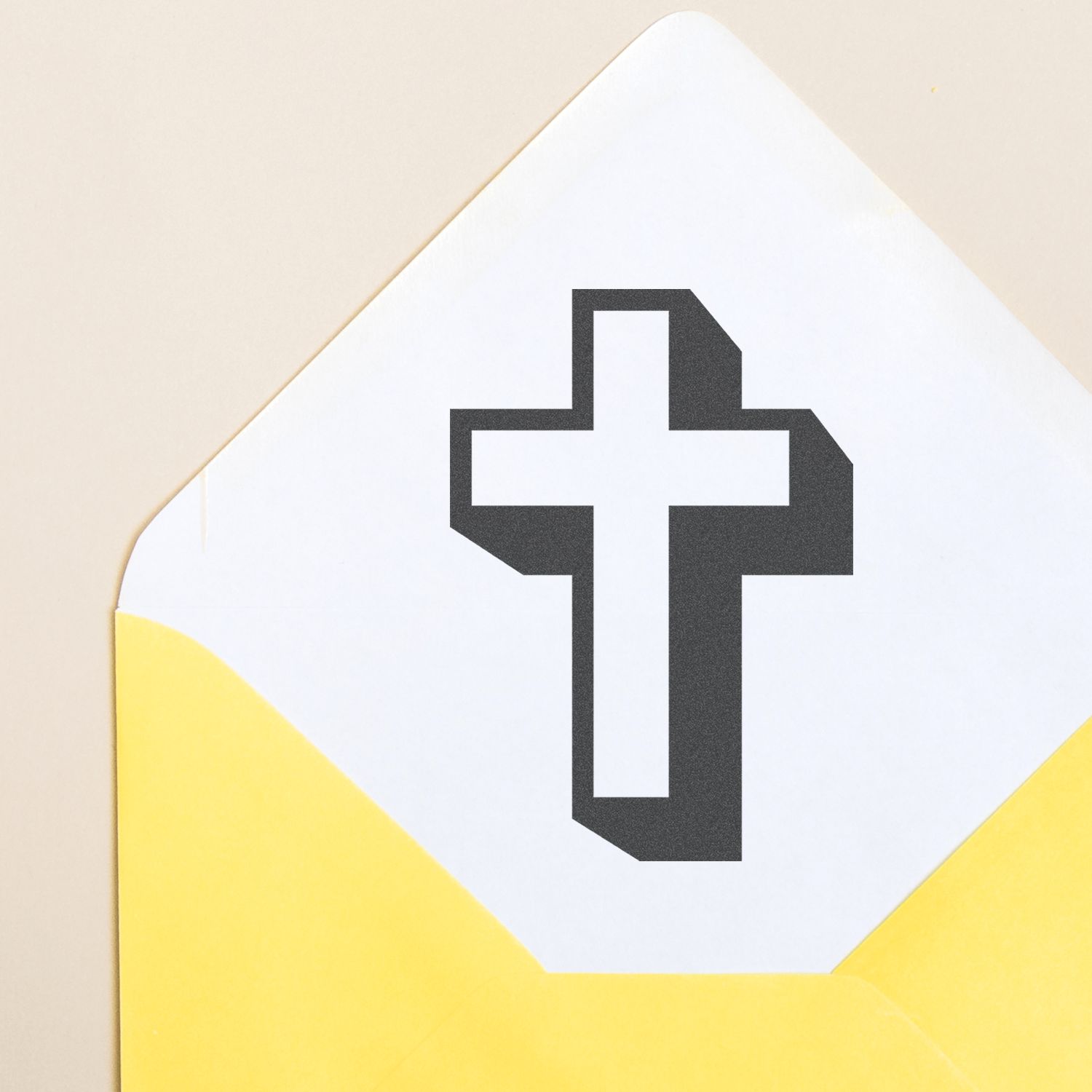 White envelope with a black Christian cross icon on a yellow background.