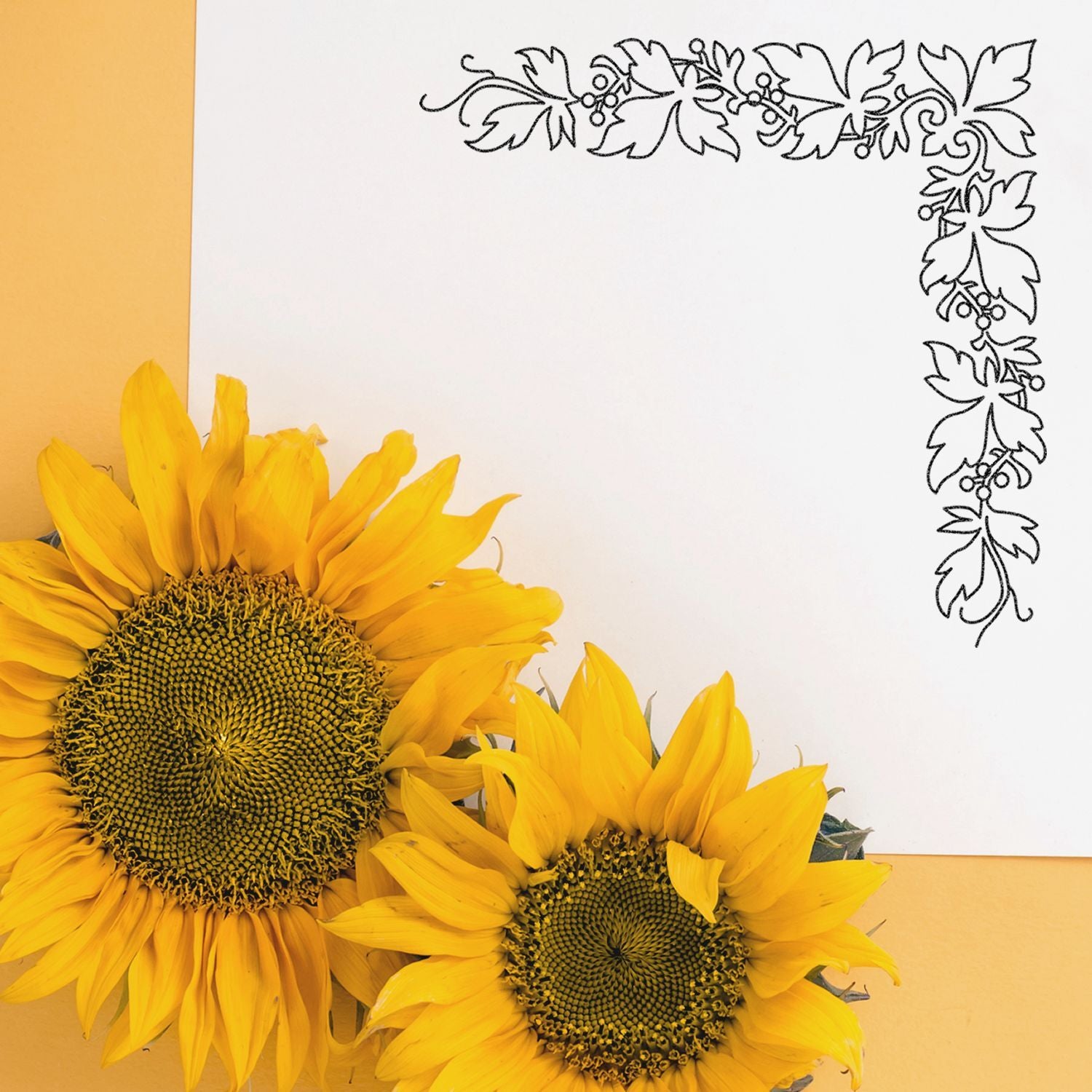 Bright sunflowers with decorative floral border on a blank white greeting card, summer botanical design on a yellow background.