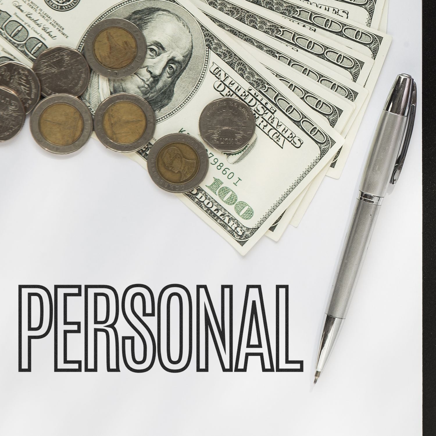 Personal finance concept with U.S. dollars cash, coins, and pen on white background, highlighting money management and savings tips.