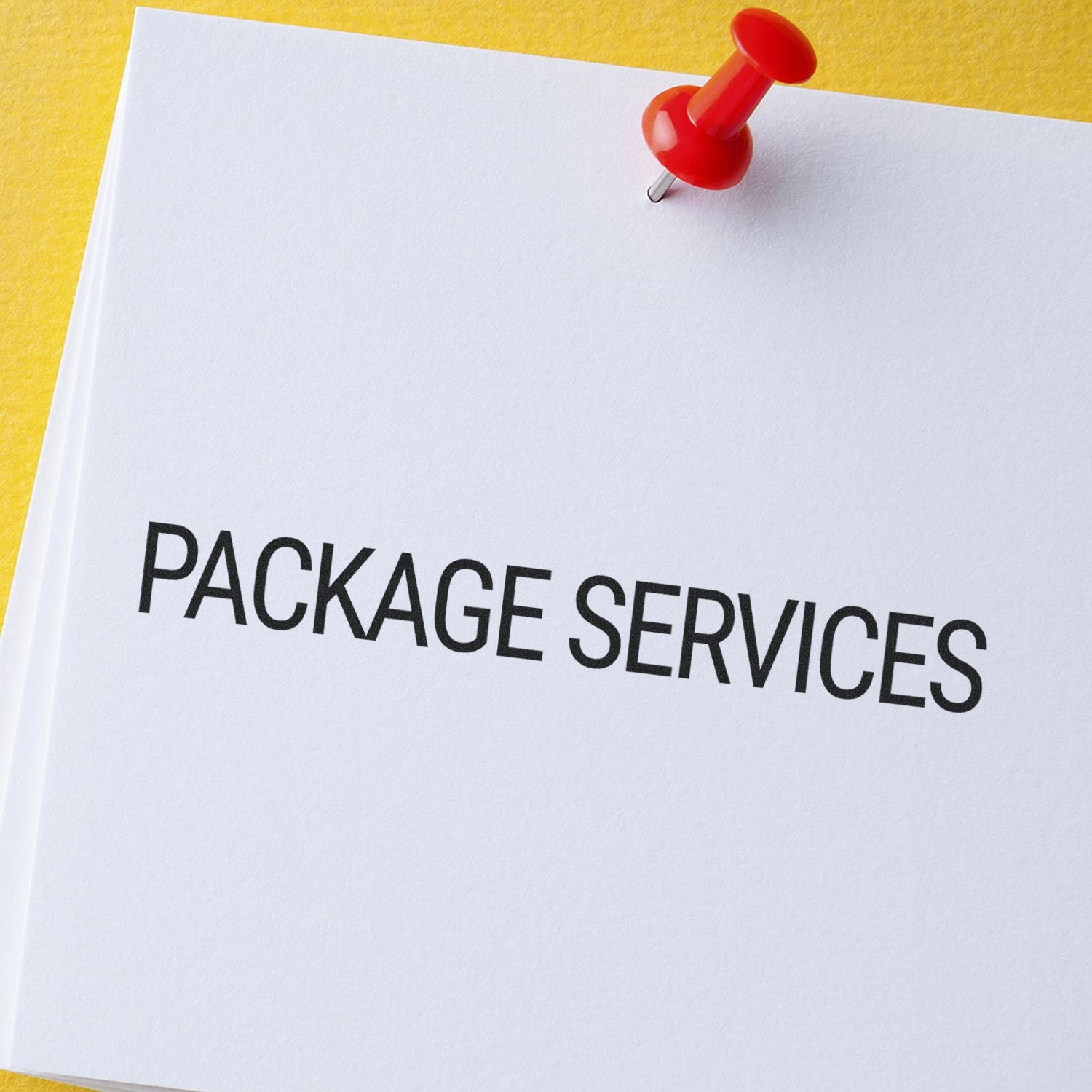 Red pushpin marking a document titled PACKAGE SERVICES, highlighting package delivery and shipping services information.